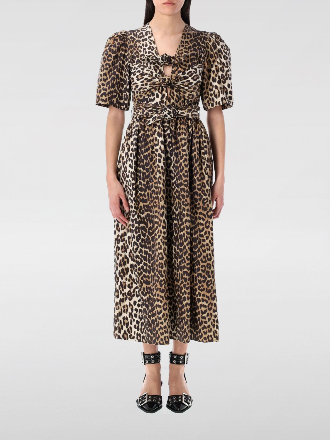 Ganni Belted Bow-embellished Leopard-print Cotton-poplin Midi Dress In Brown
