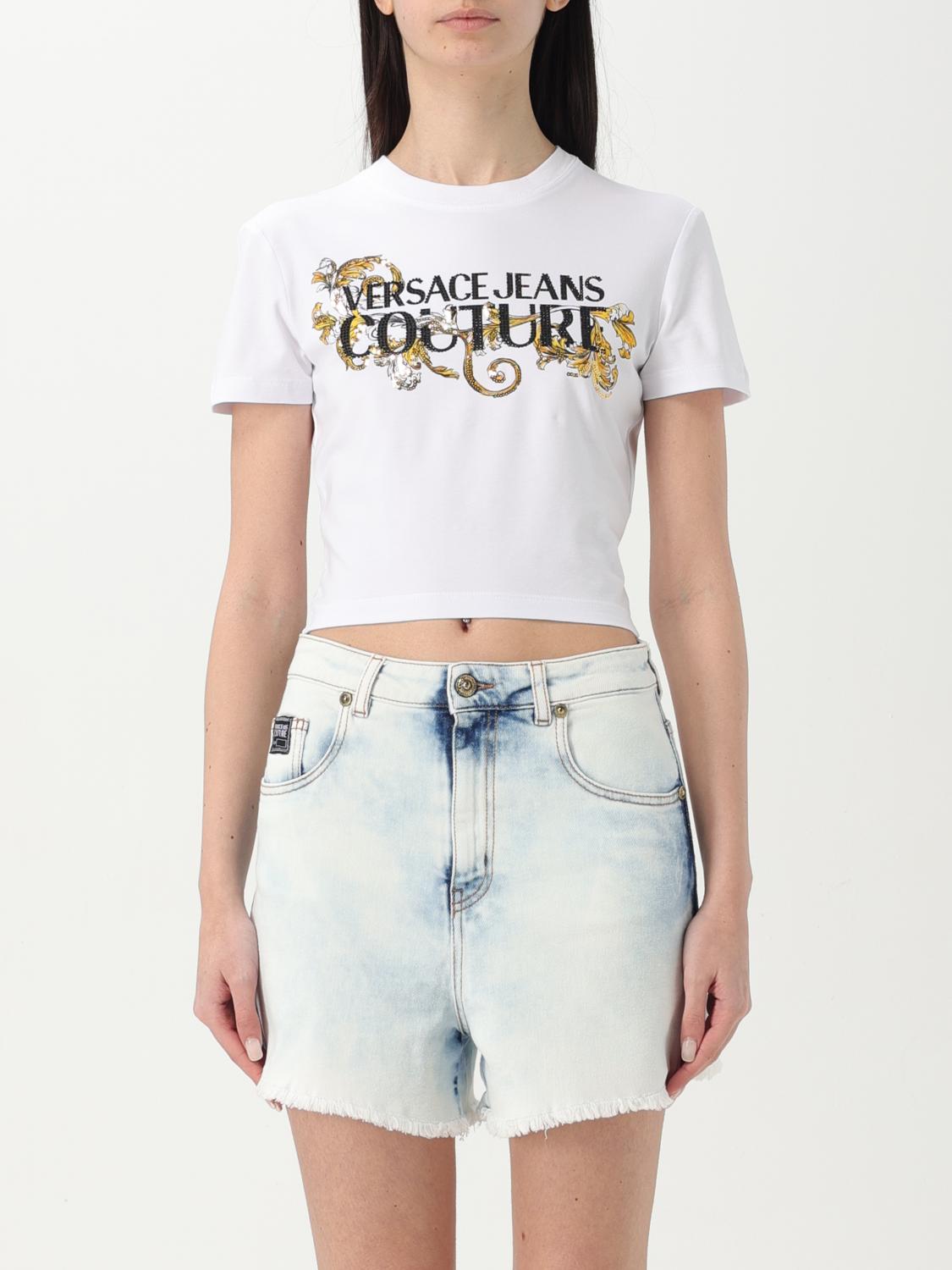 Versace Jeans Couture T-shirt With Crystals Outline Baroque In White