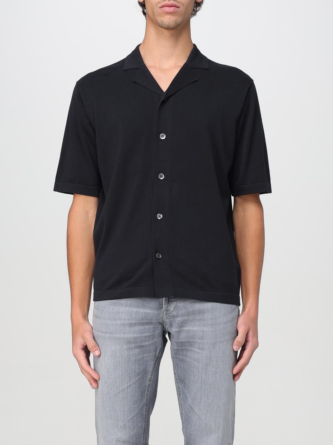 Aspesi Short-sleeved Cotton Knit Shirt With Pointed Collar In Black