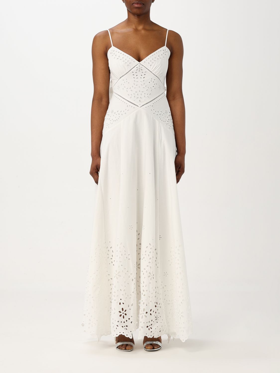 Self-portrait White Midi Dress With All-over Embroidery And Scallop Hem In Cotton Woman In White