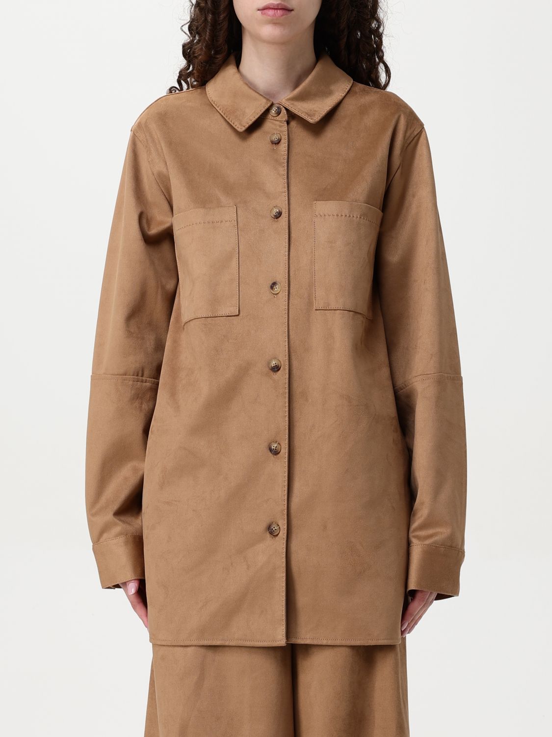 Urbancode Brown Shirt With Classic Collar In Tech Fabric Stretch Woman In Beige