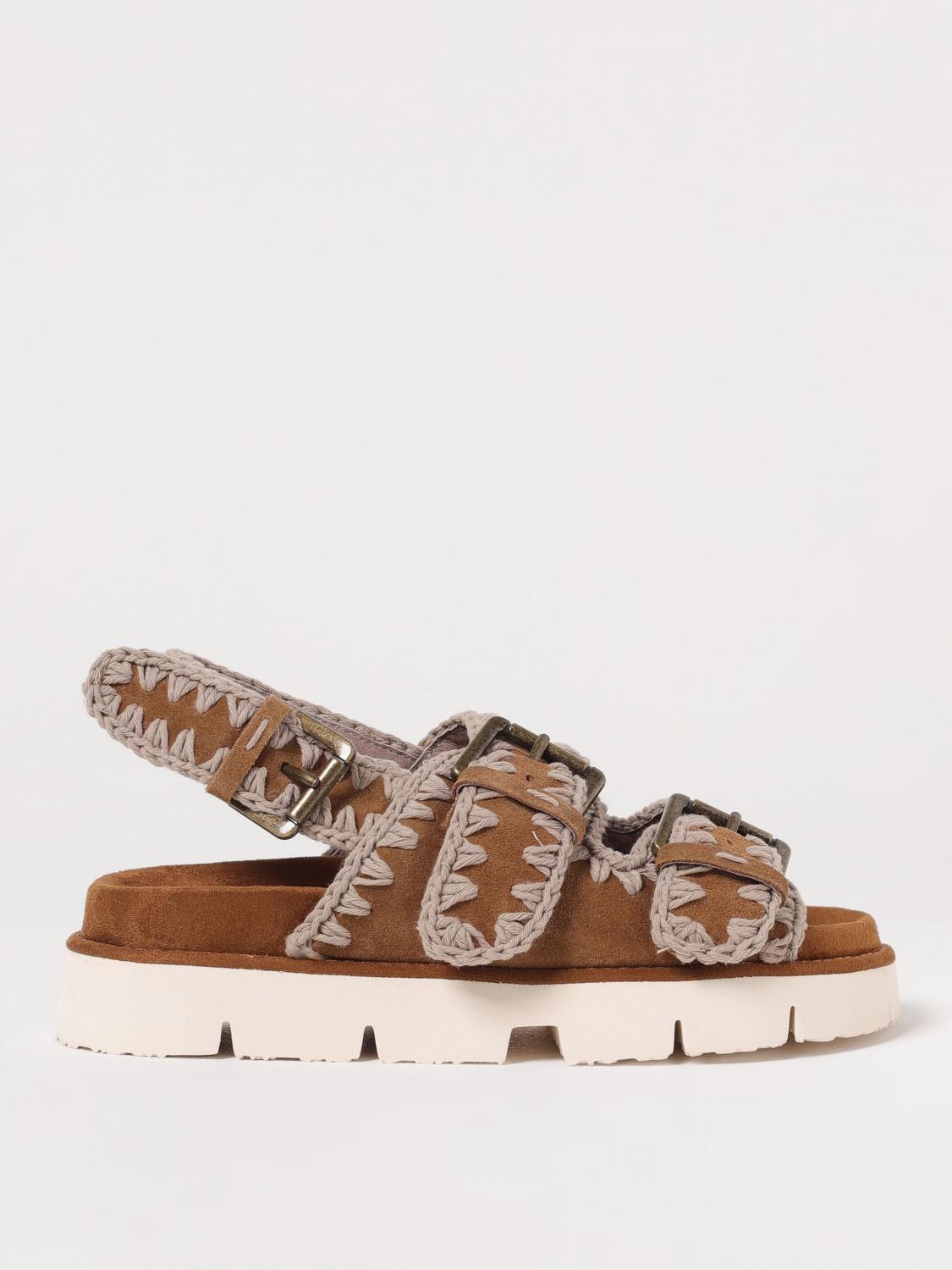 Mou Double Buckle Suede Sandals With Contrasting Stitching In Braun