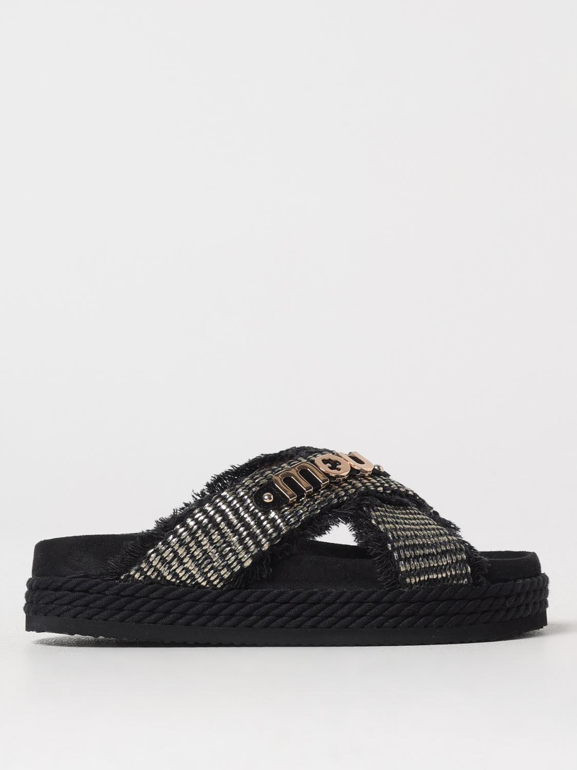 Mou Crisscross Flats In Black Raffia In Black