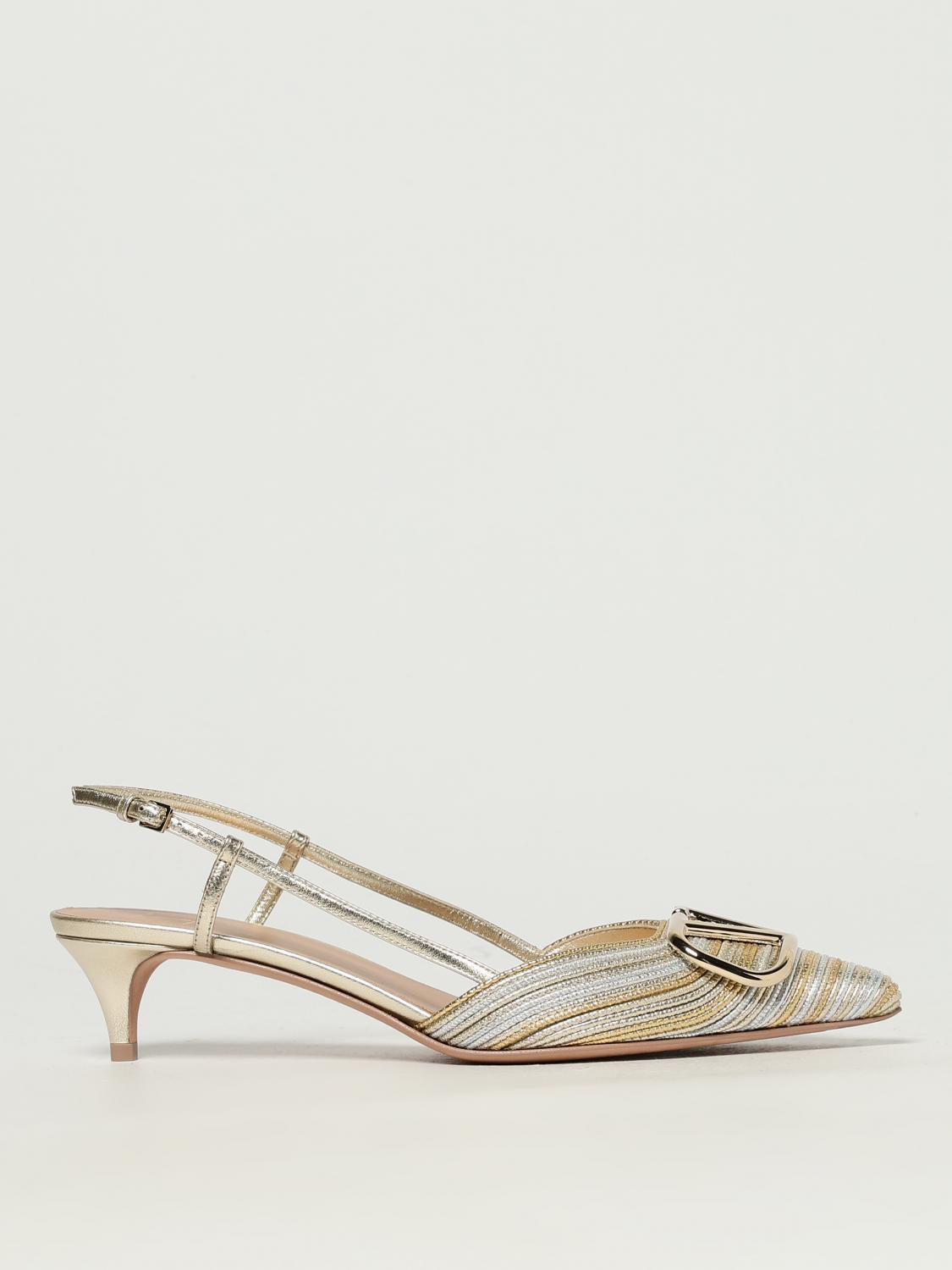 Valentino Garavani Vlogo Signature Silver Leather Pumps With Pointed Toe And Side Buckle
