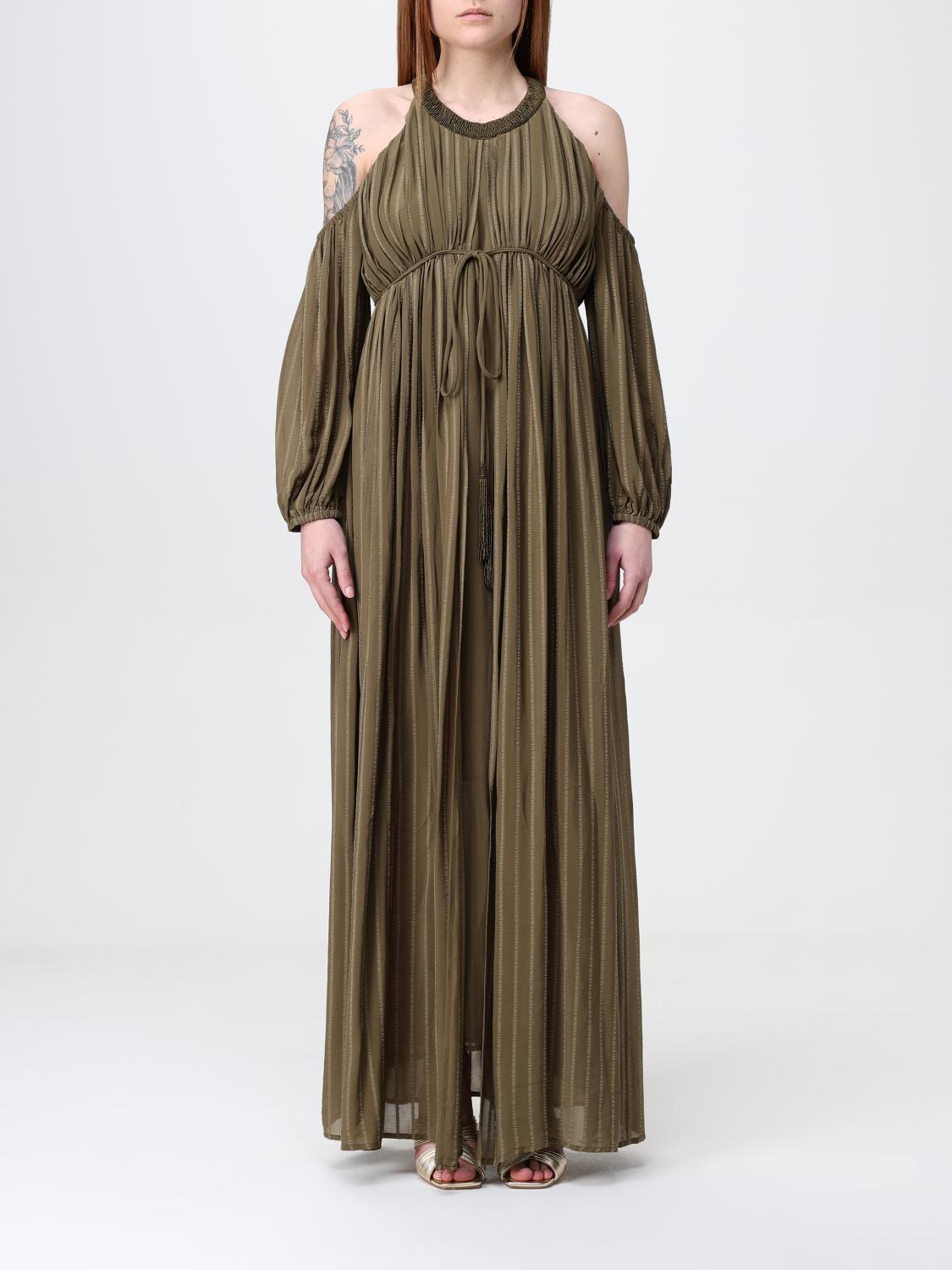 Pinko Long Off-the-shoulder Dress With Beaded Embroidery In Green