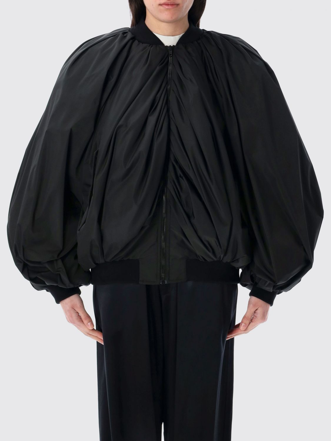Balenciaga Black Bomber Draped Jacket With Elastic Rear Hem In Tech Fabric Woman In Black