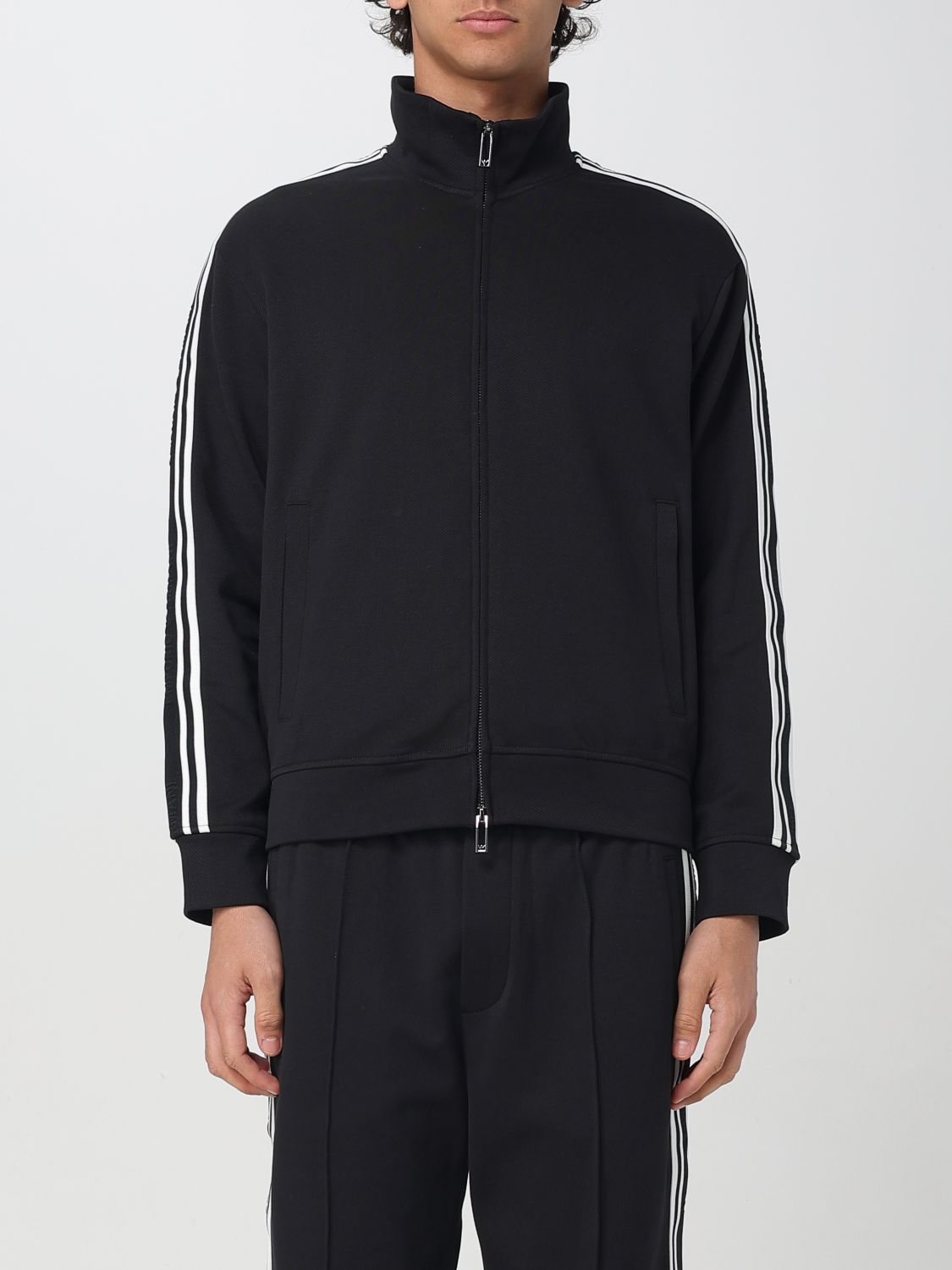 Emporio Armani Zippered High Collar Sweatshirt With Stripe Detailing In Schwarz