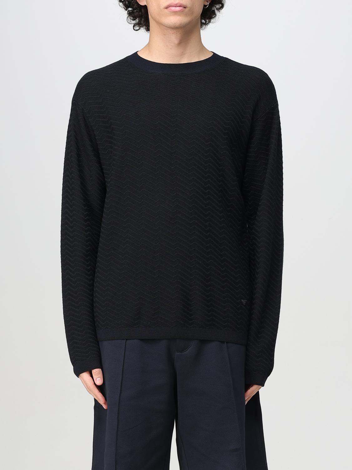 Emporio Armani Textured Blue Crewneck Sweater With Modern Wave Pattern In Blau