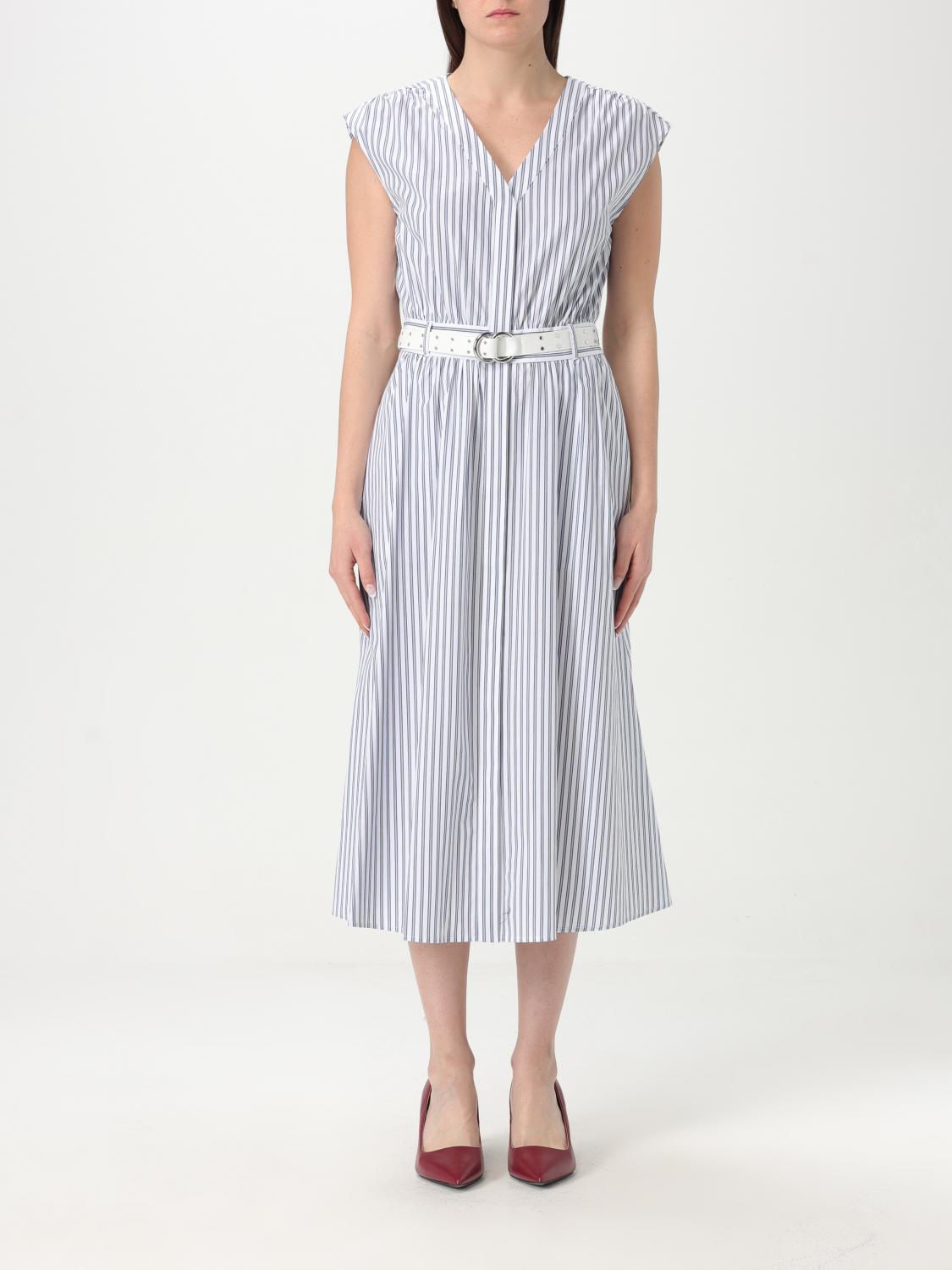 Michael Kors Striped Cotton Poplin Belted Midi Dress In Blue