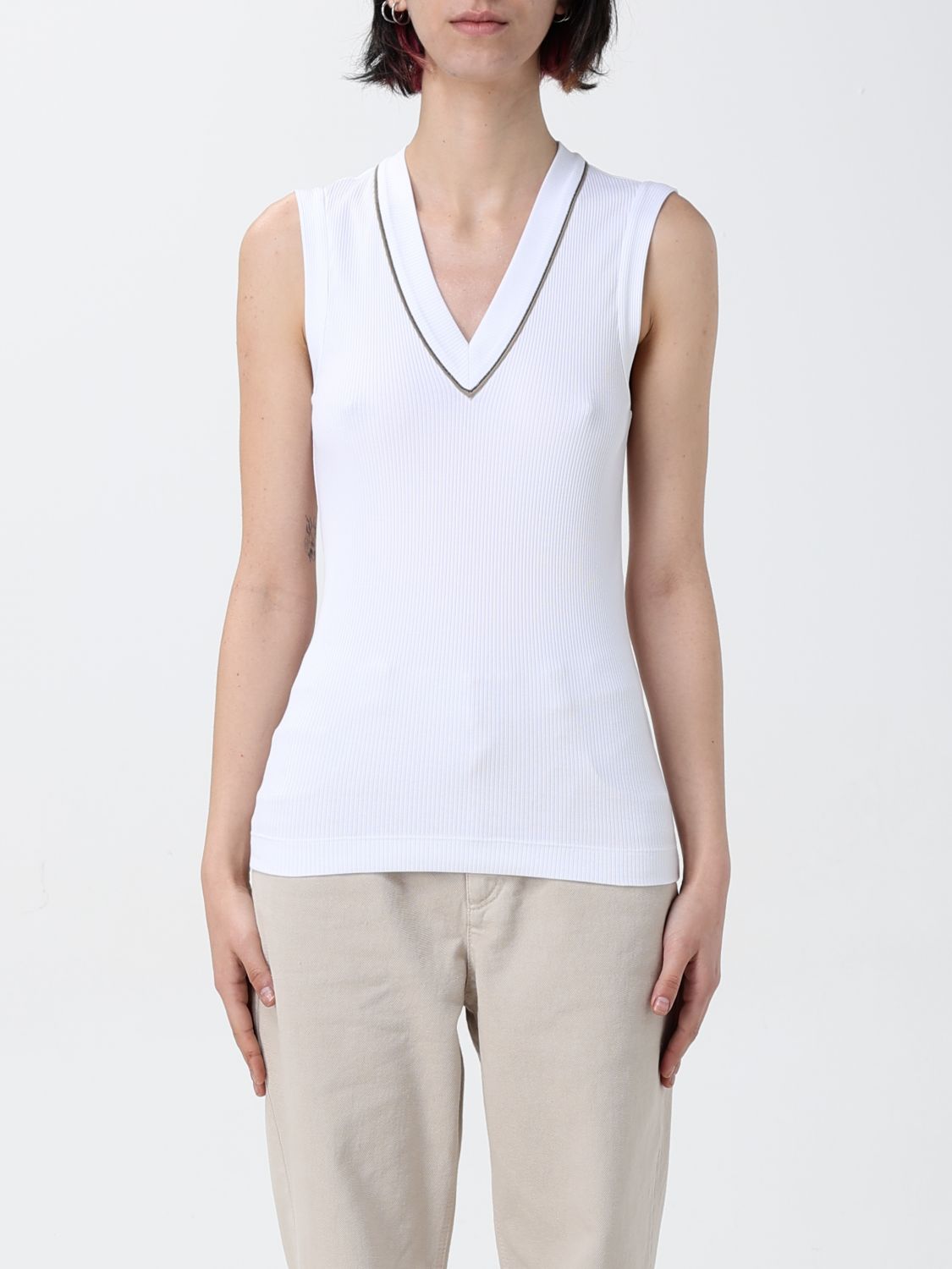Brunello Cucinelli Ribbed Jersey Top In White