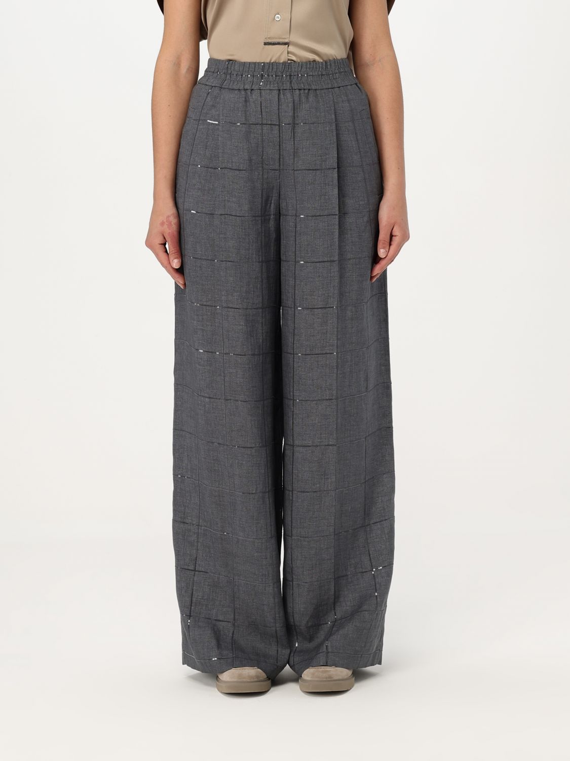 Brunello Cucinelli Check Linen Palazzo Trousers With Sequin Detail In Grey