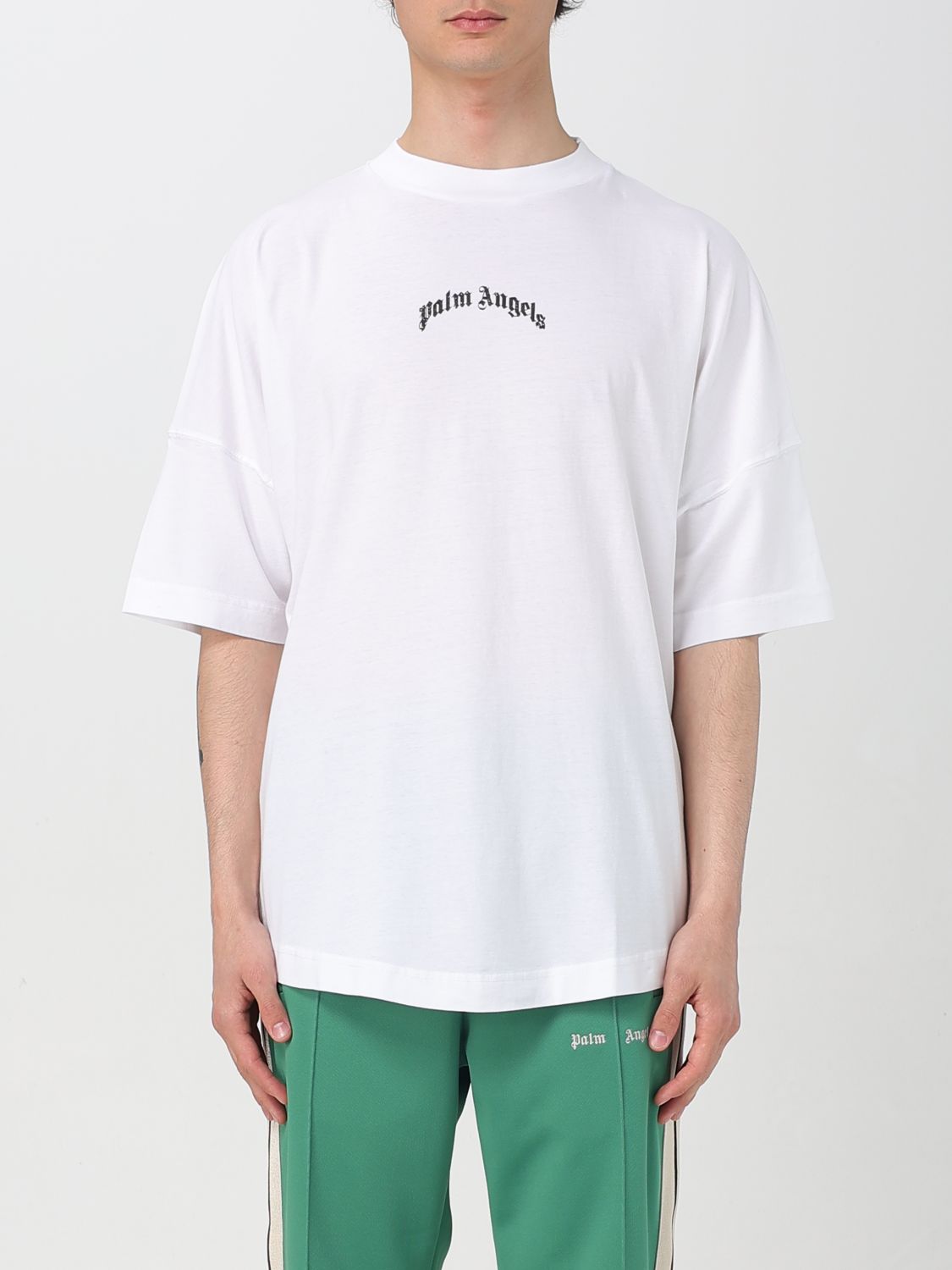 Palm Angels White Black Curved Logo T-shirt In White