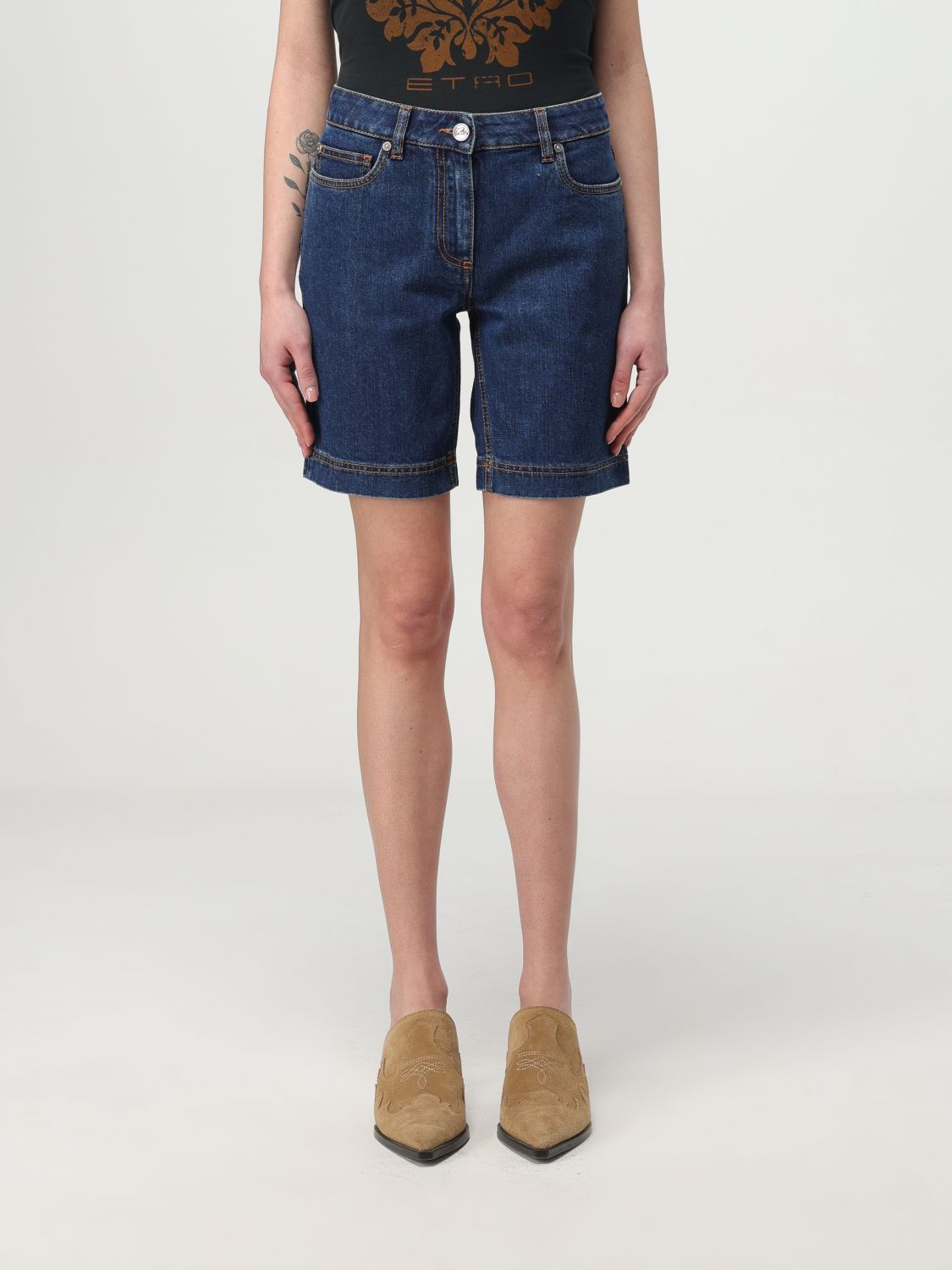 Etro Denim Bermuda Shorts With Embroidered Rear Logo In Blue