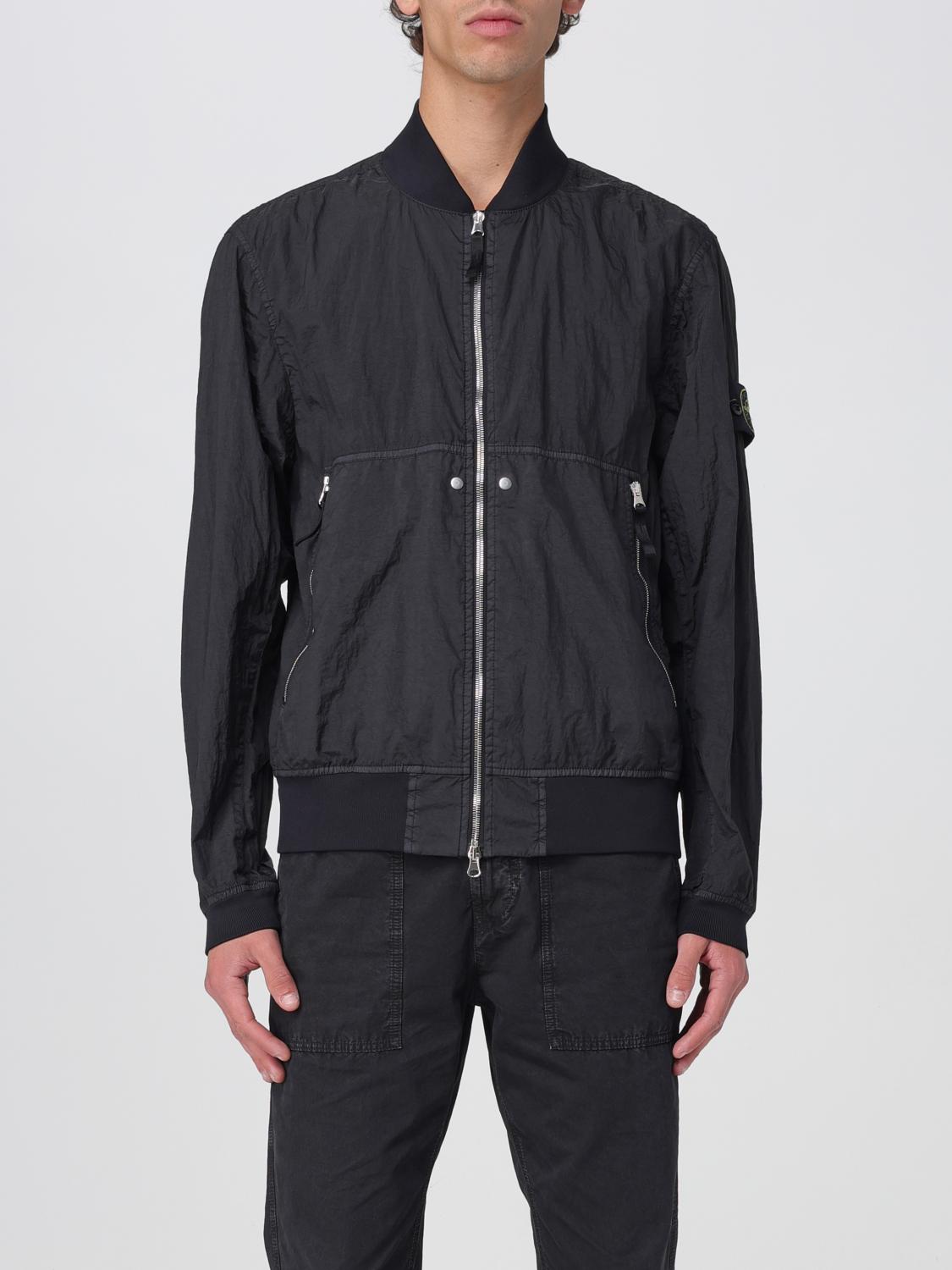 Stone Island Black Bomber Jacket With Front Zip Closure And Logo Patch On The Sleeve In Tech Fabric Man In Black