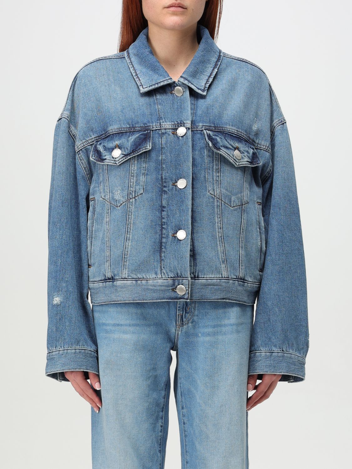 Pinko Denim Jacket Distressed Flap Pockets In Denim