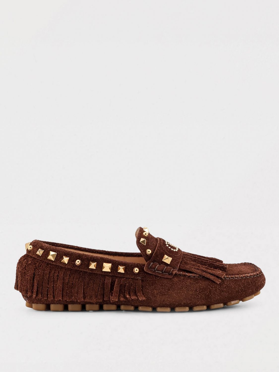 Valentino Garavani Driver Fastaway Loafer With Fringes And Decorative Studs In Brown
