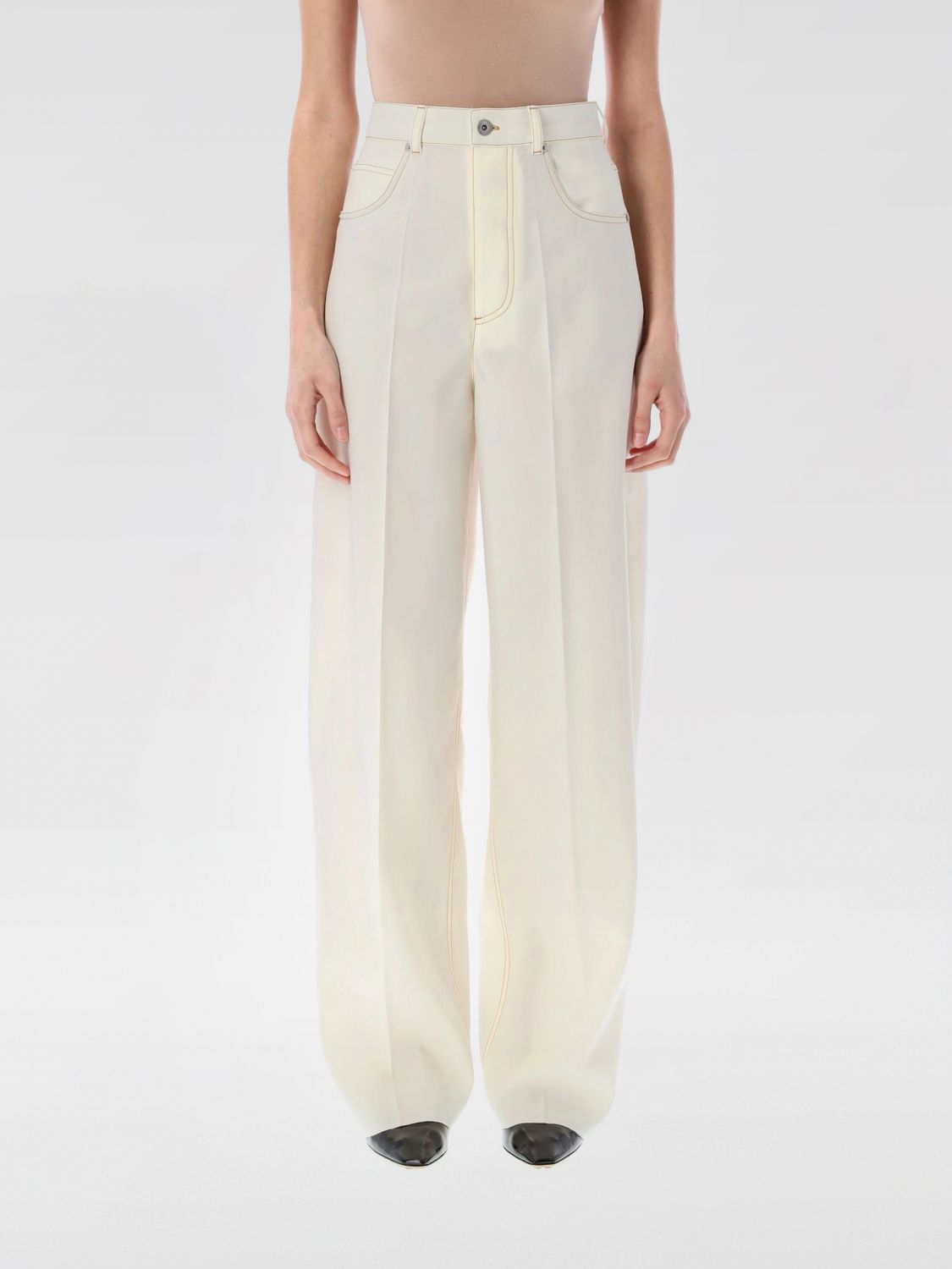 Bottega Veneta Wide-leg Wool Trousers With Pockets And Stitching In White