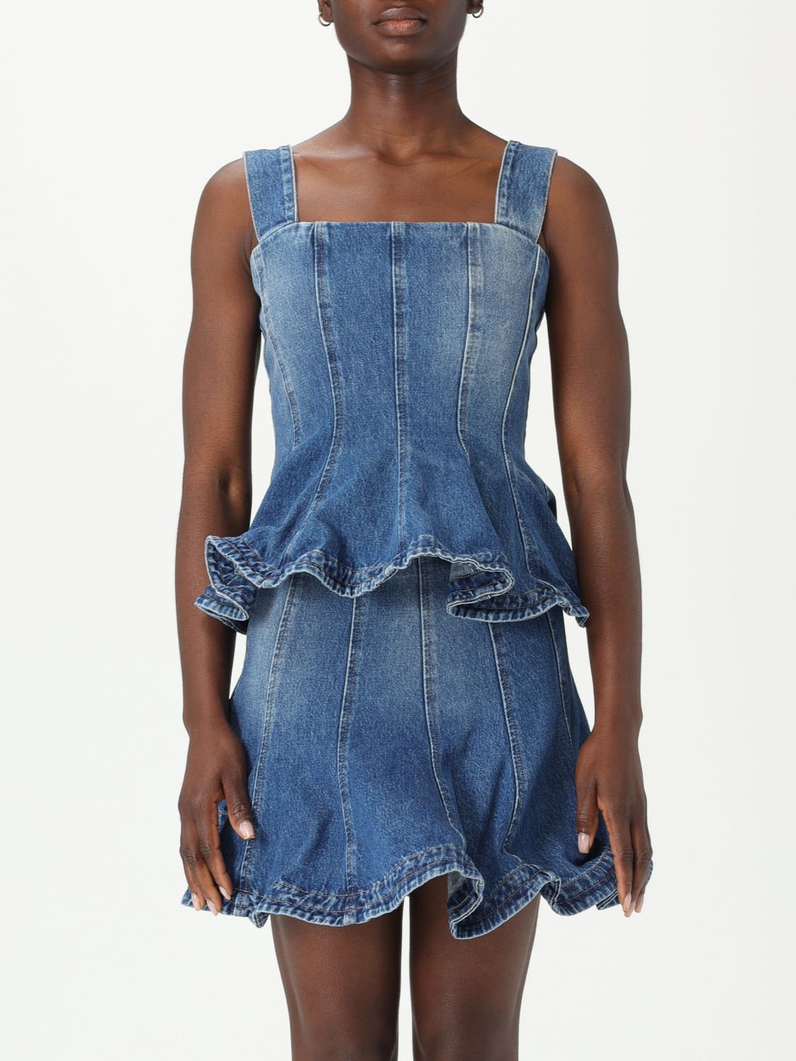 Msgm Denim Peplum Ruffle Sleeveless Square Wide Top In Blue