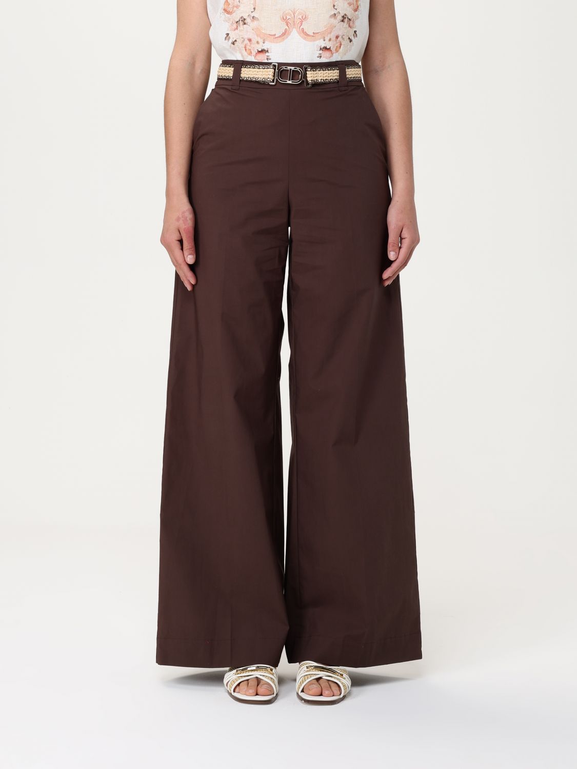 Twinset Brown Pants With Waist Belt And Metallic Logo Plaque In Cotton Poplin Woman In コーヒー