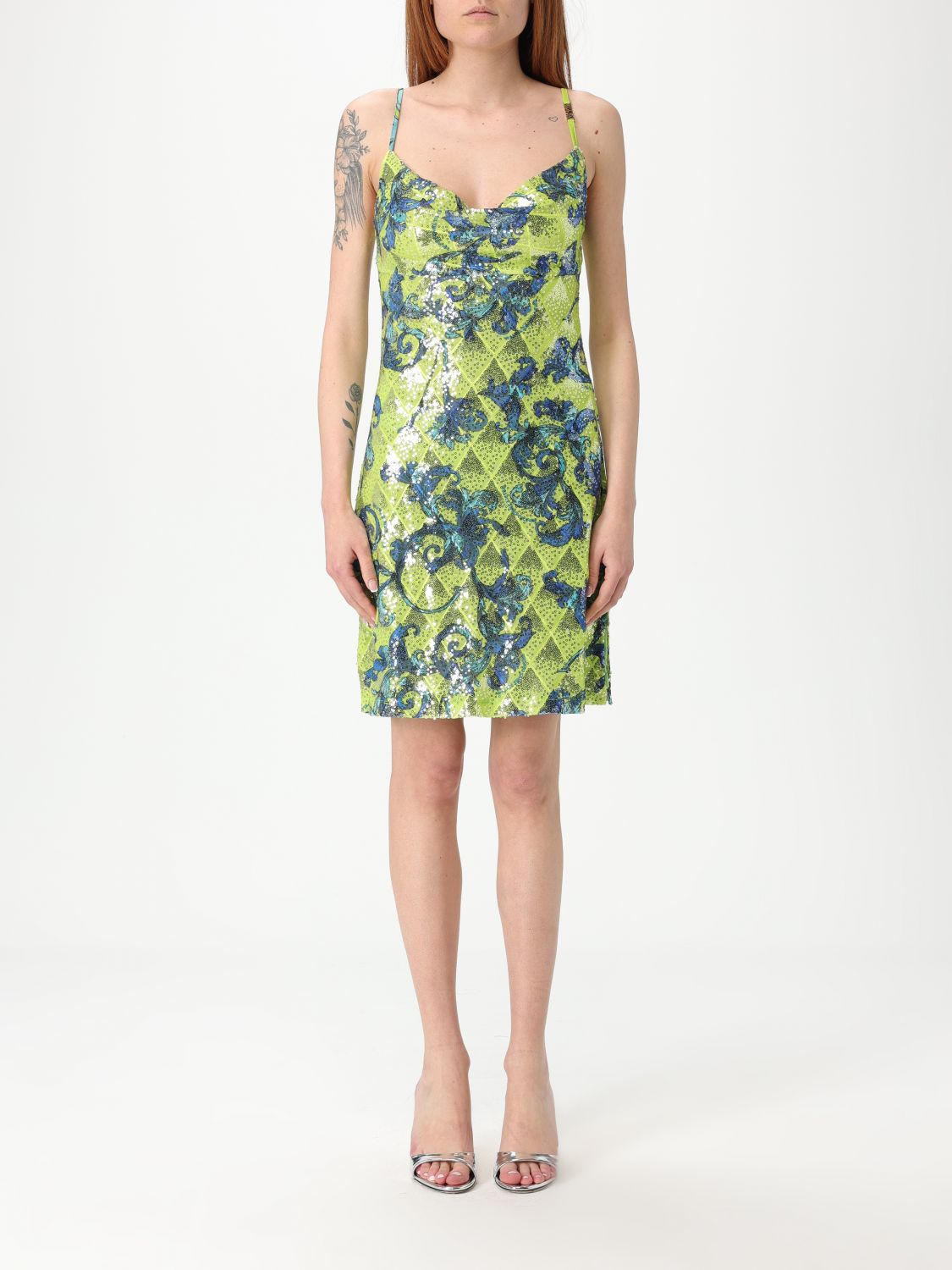 Versace Jeans Couture Fitted Green Dress With Floral Patterns