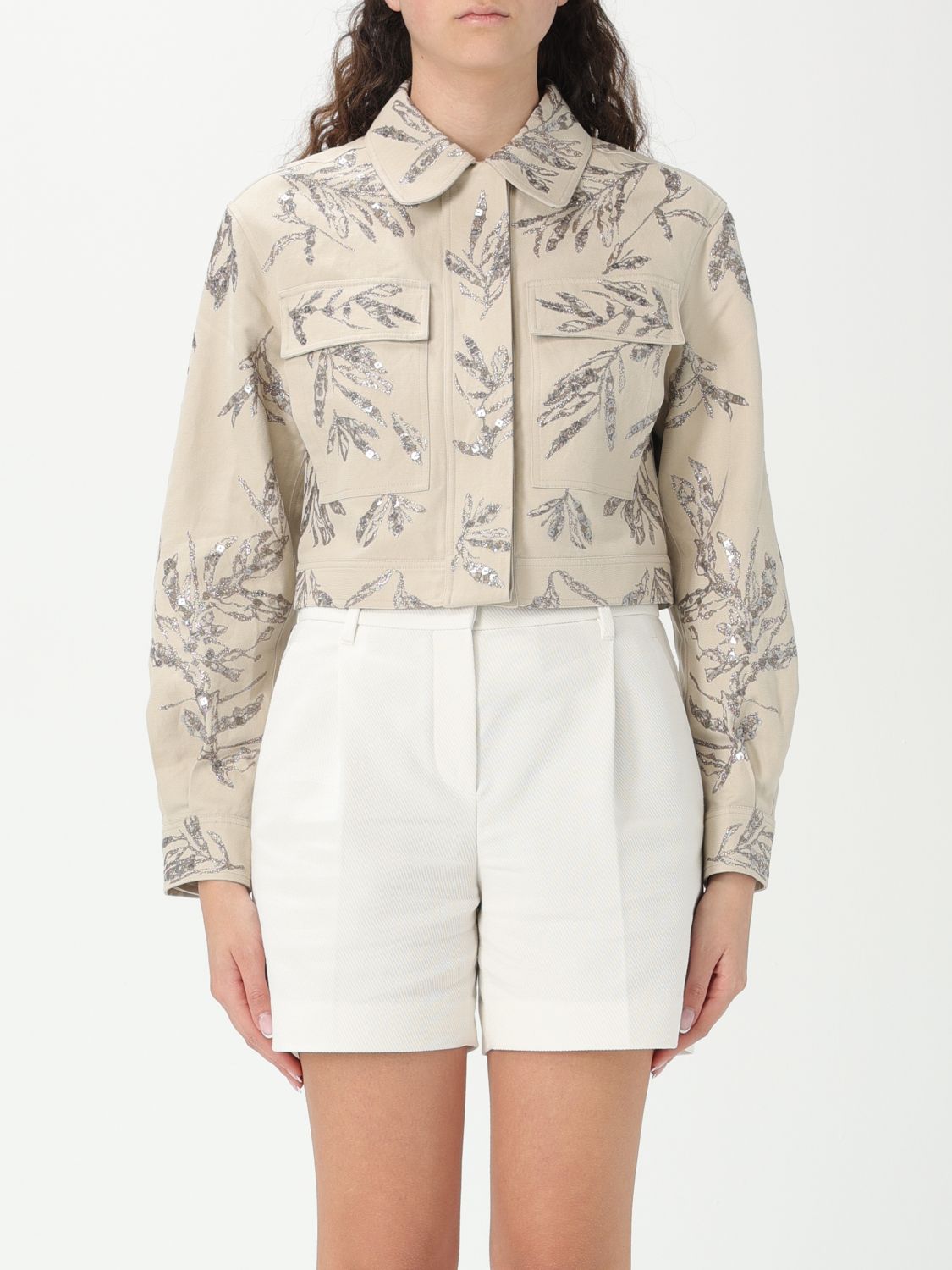 Brunello Cucinelli Women Outerwear In Cotton And Linen Canvas With Glistening Flora Embroidery