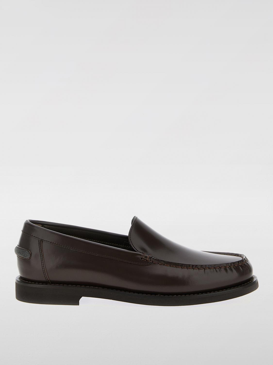 Brunello Cucinelli Round Toe Leather Loafers With Stitched Detailing In Brown