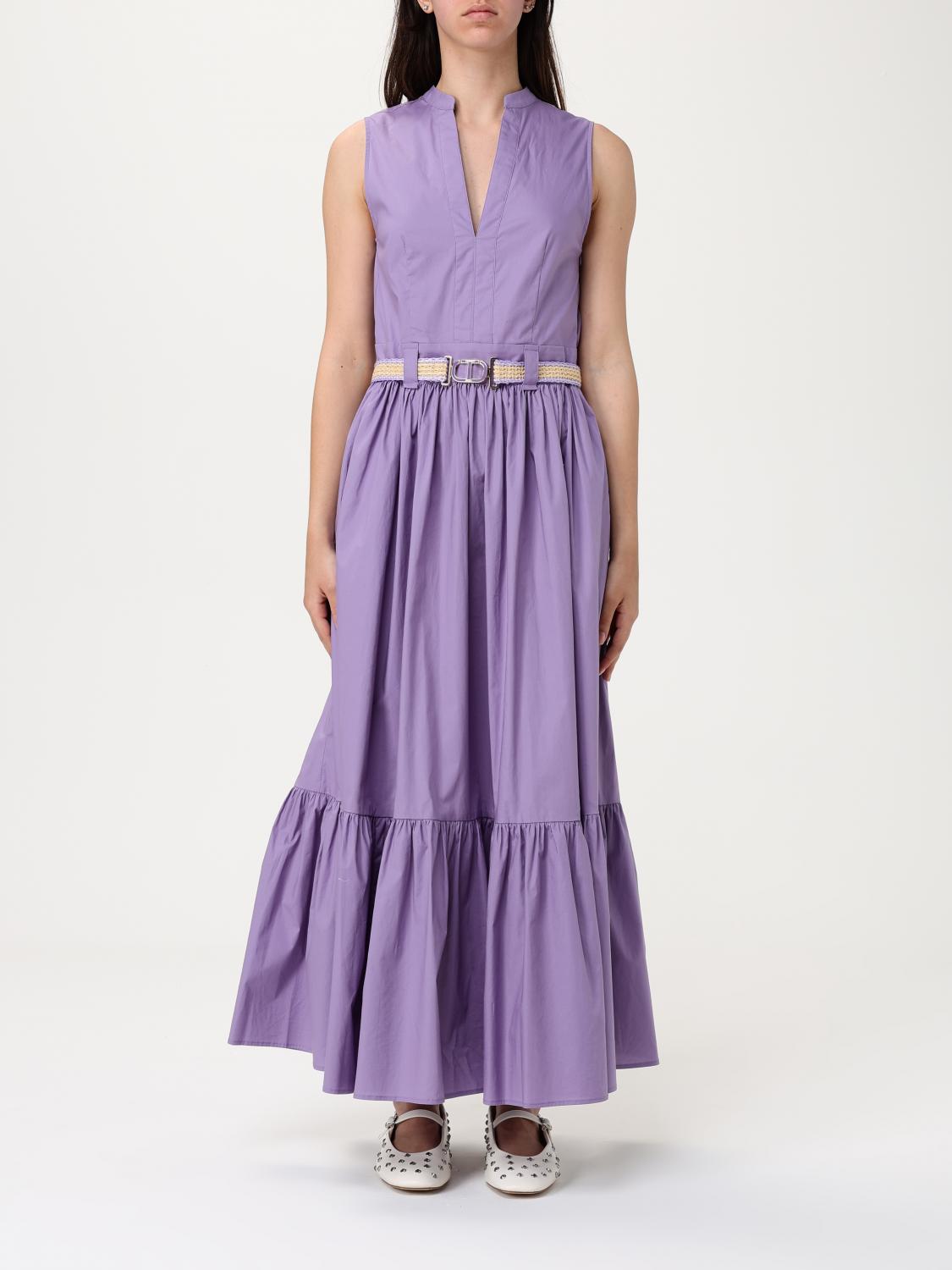 Twinset Long Poplin Dress With Flounce And Belt In ラベンダー