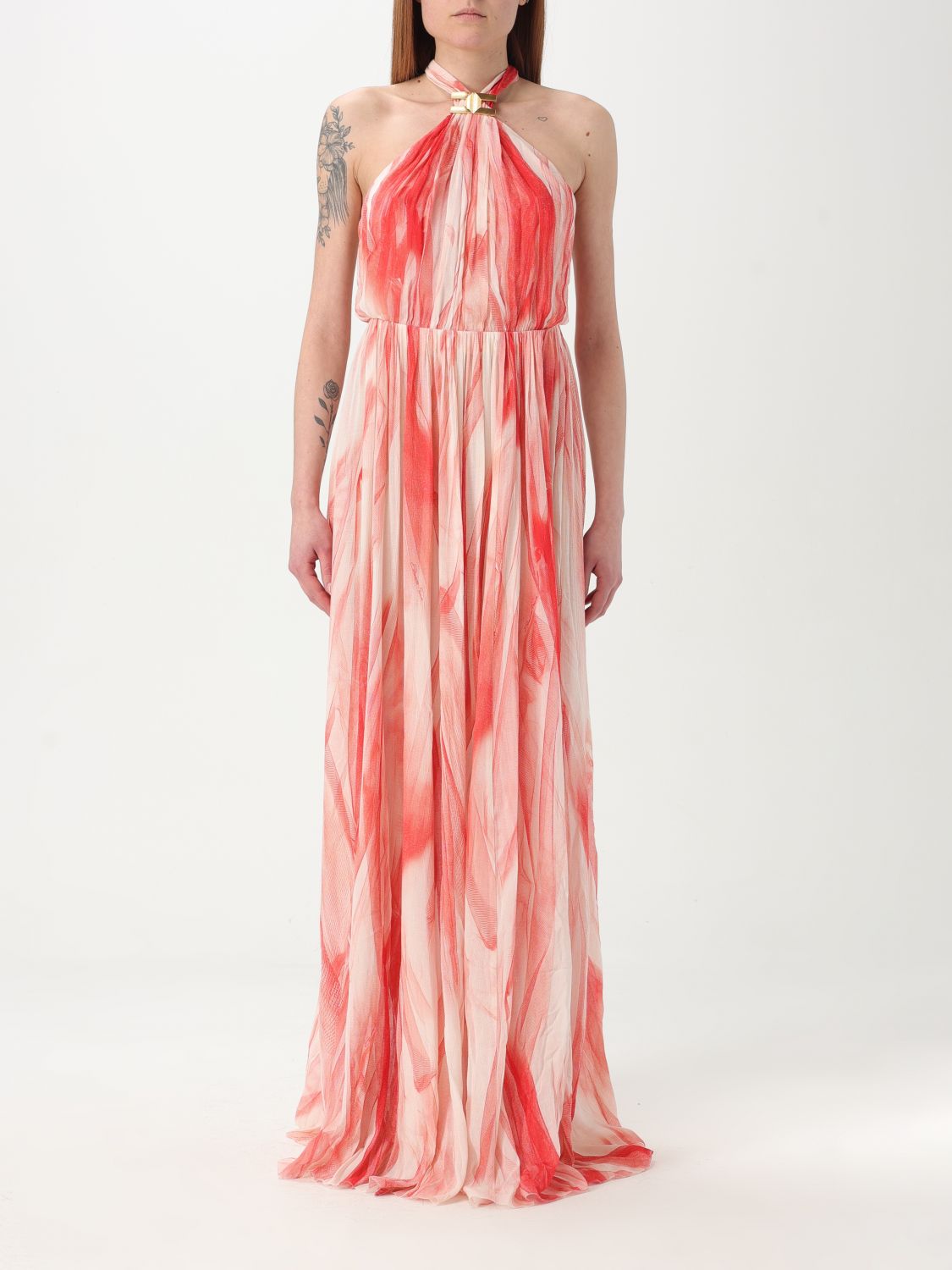 Elisabetta Franchi Halter Neck Maxi Length Printed Tie Detail In Butter