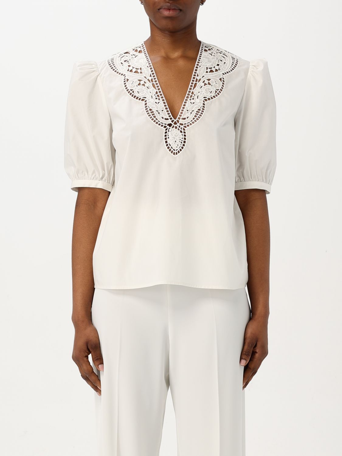 Twinset Twin-set V-neck Shirt With Lace Detail In White