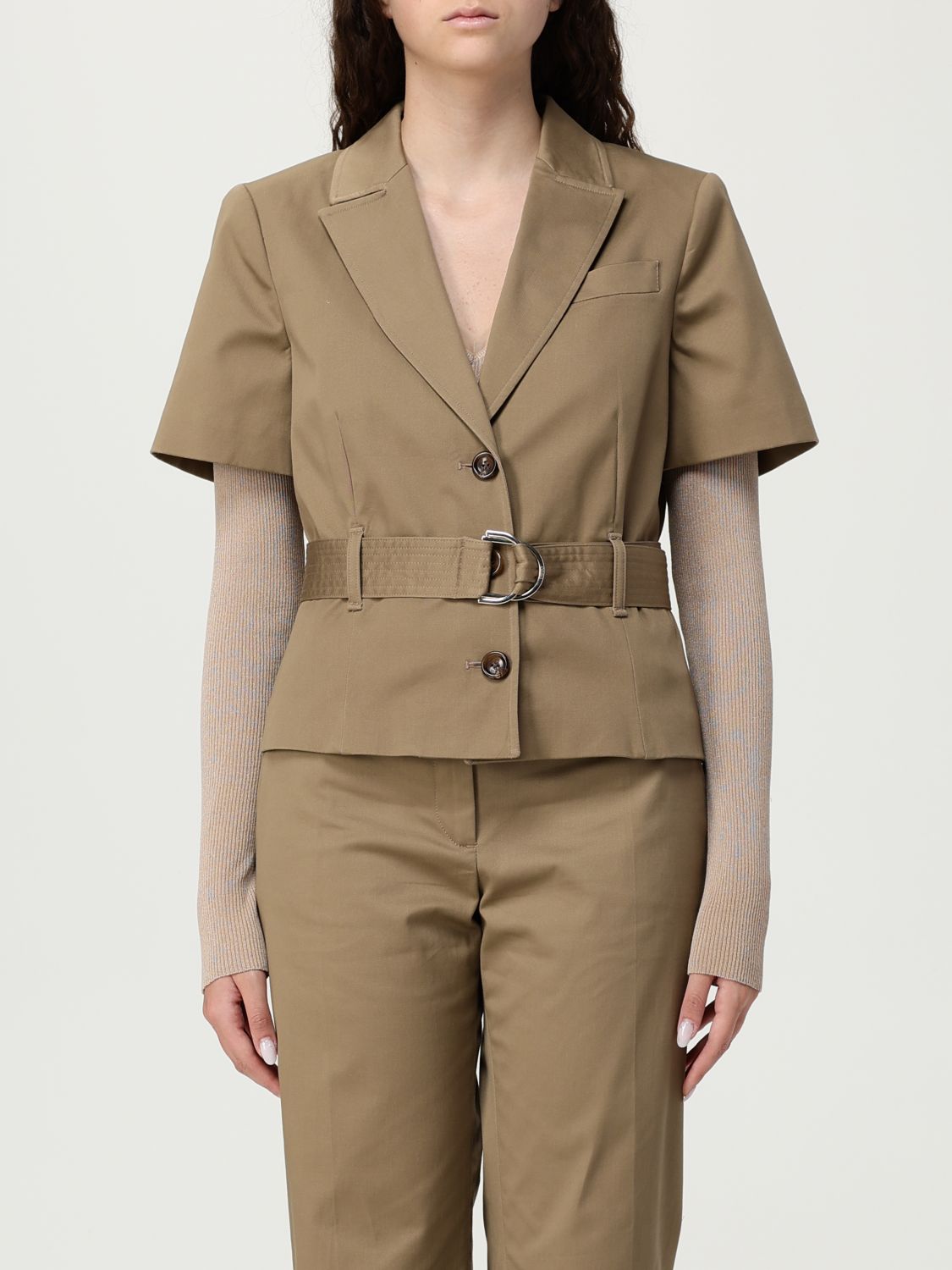 Liu •jo Liu Jo Tailored Green Jacket With Belted Waist In Brown