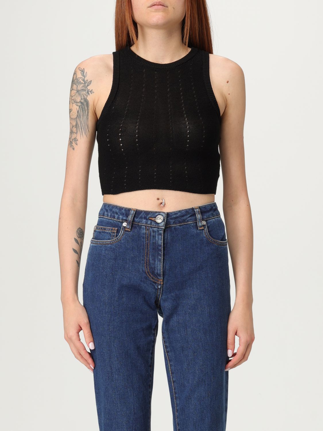 Etro Black Crop Top With Knitted Design And Openwork Detail In Black