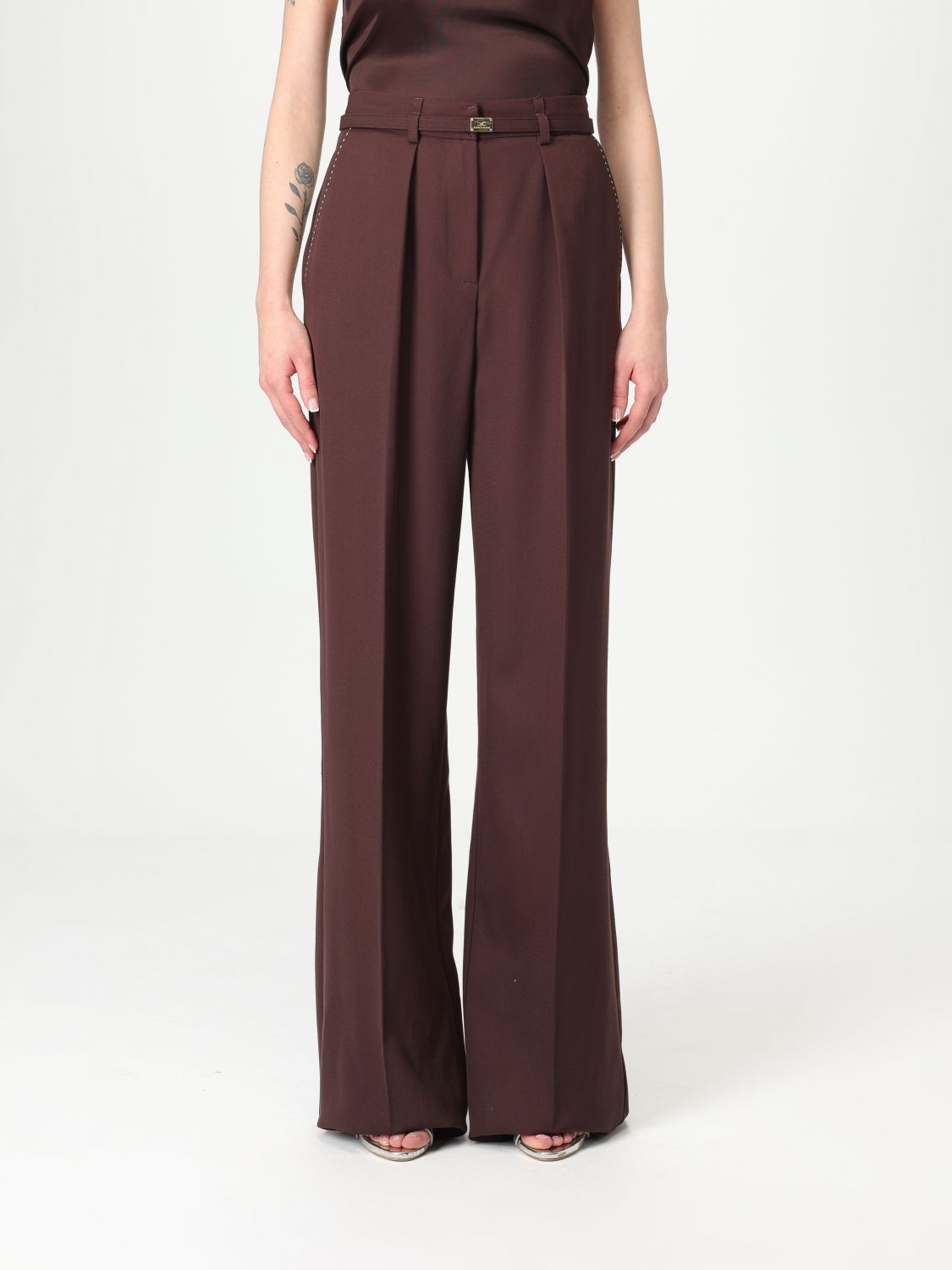 Elisabetta Franchi Belted Palazzo Pants In Brown