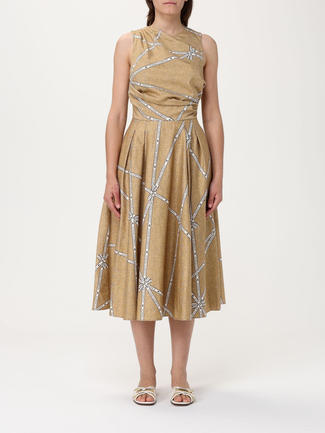 Elisabetta Franchi Midi Dress With Geometric Patterns And Rounded Collar In イエロー