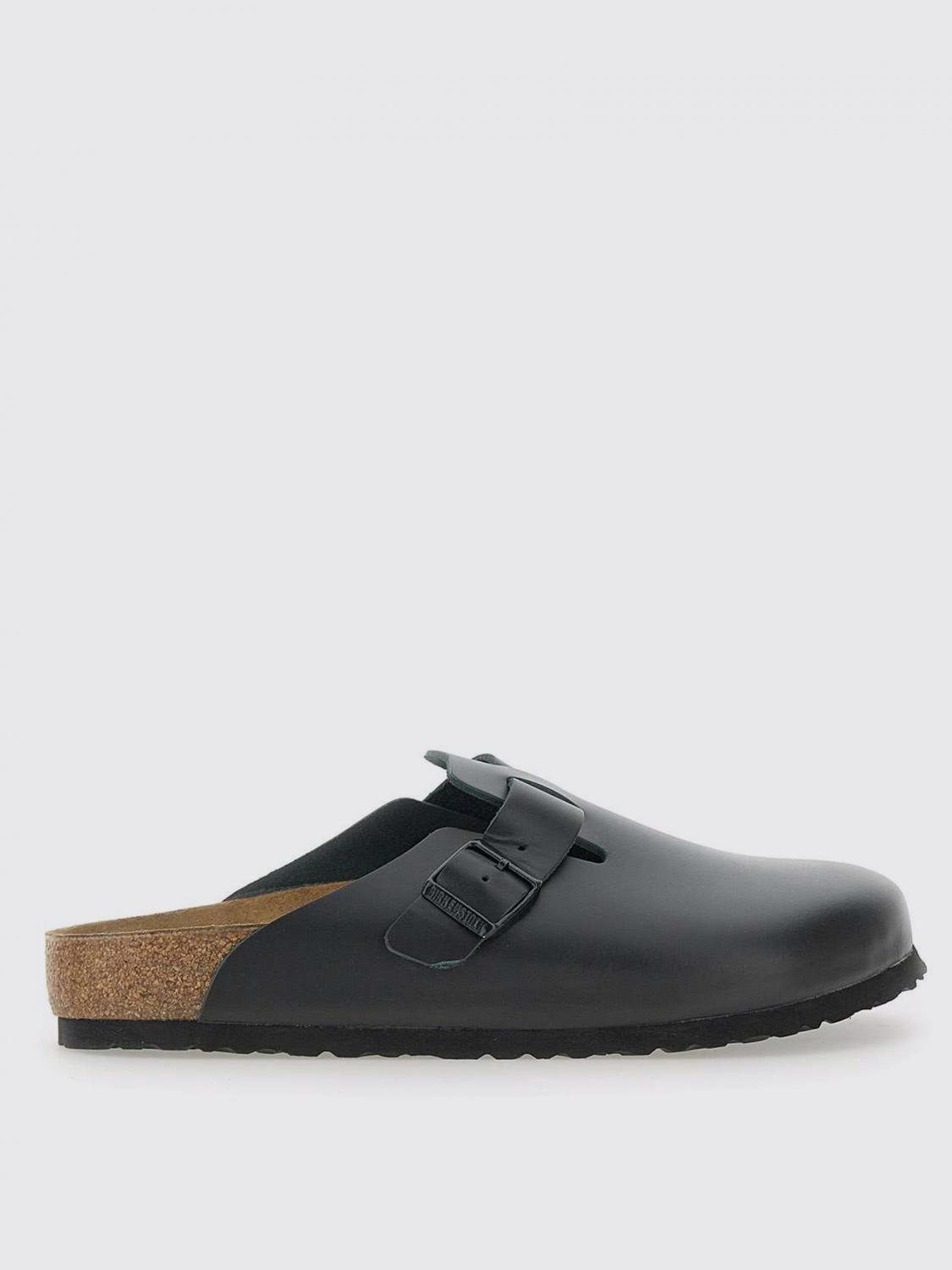 Birkenstock Almond Toe Leather Slippers With Ridged Sole In Black