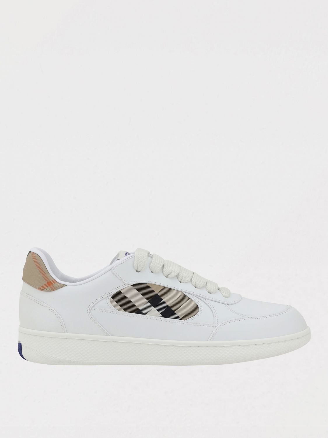 Burberry Men Low-top Leather Sneakers With Check Inserts In White
