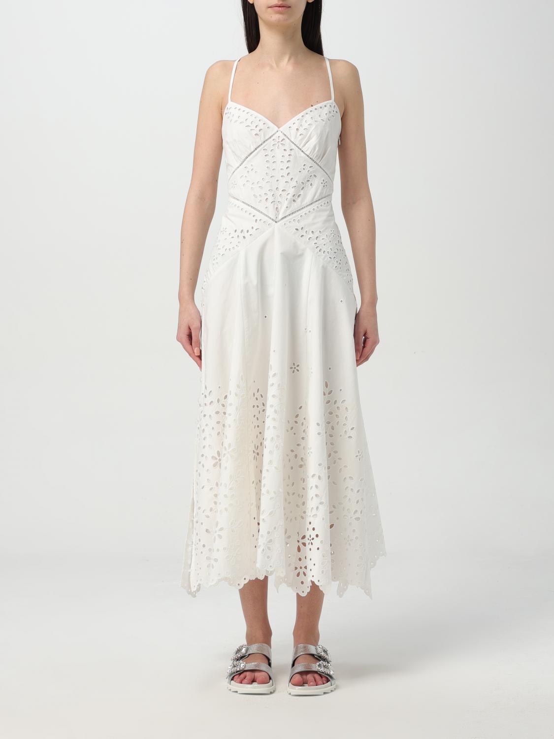 Self-portrait White Midi Dress With All-over Embroidery And Scallop Hem In Cotton Woman In Yellow Cream