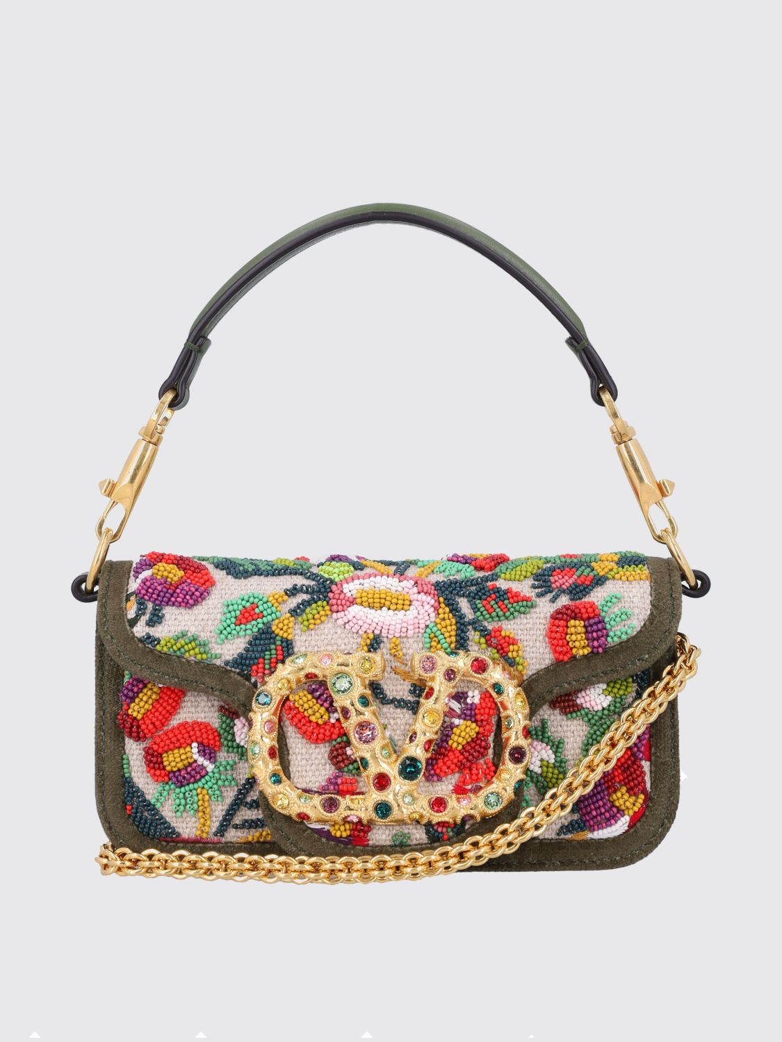 Valentino Loco Small Flower Beaded Shoulder Bag In Green