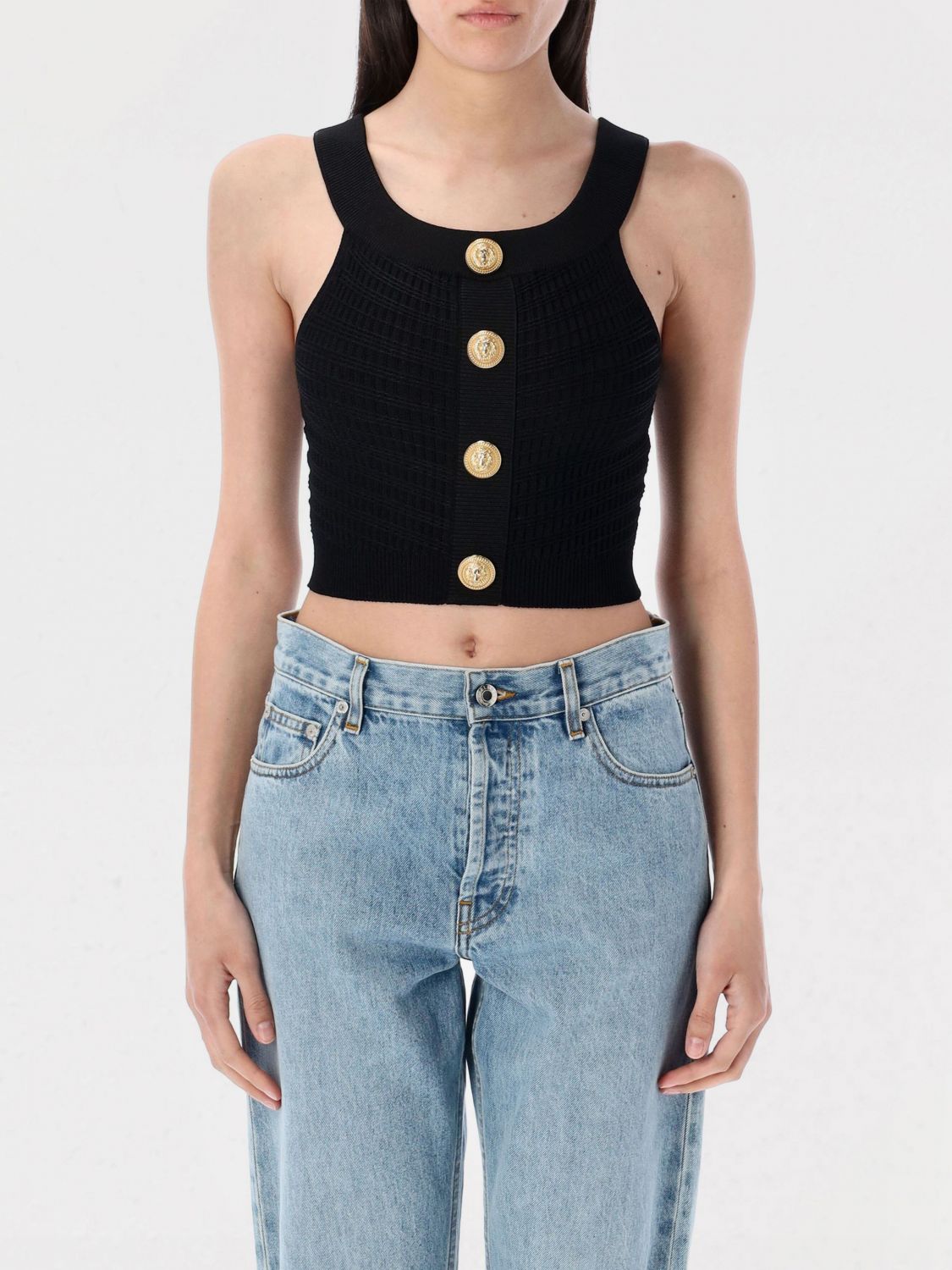 Balmain Button Embellished Cropped Top In ブラック