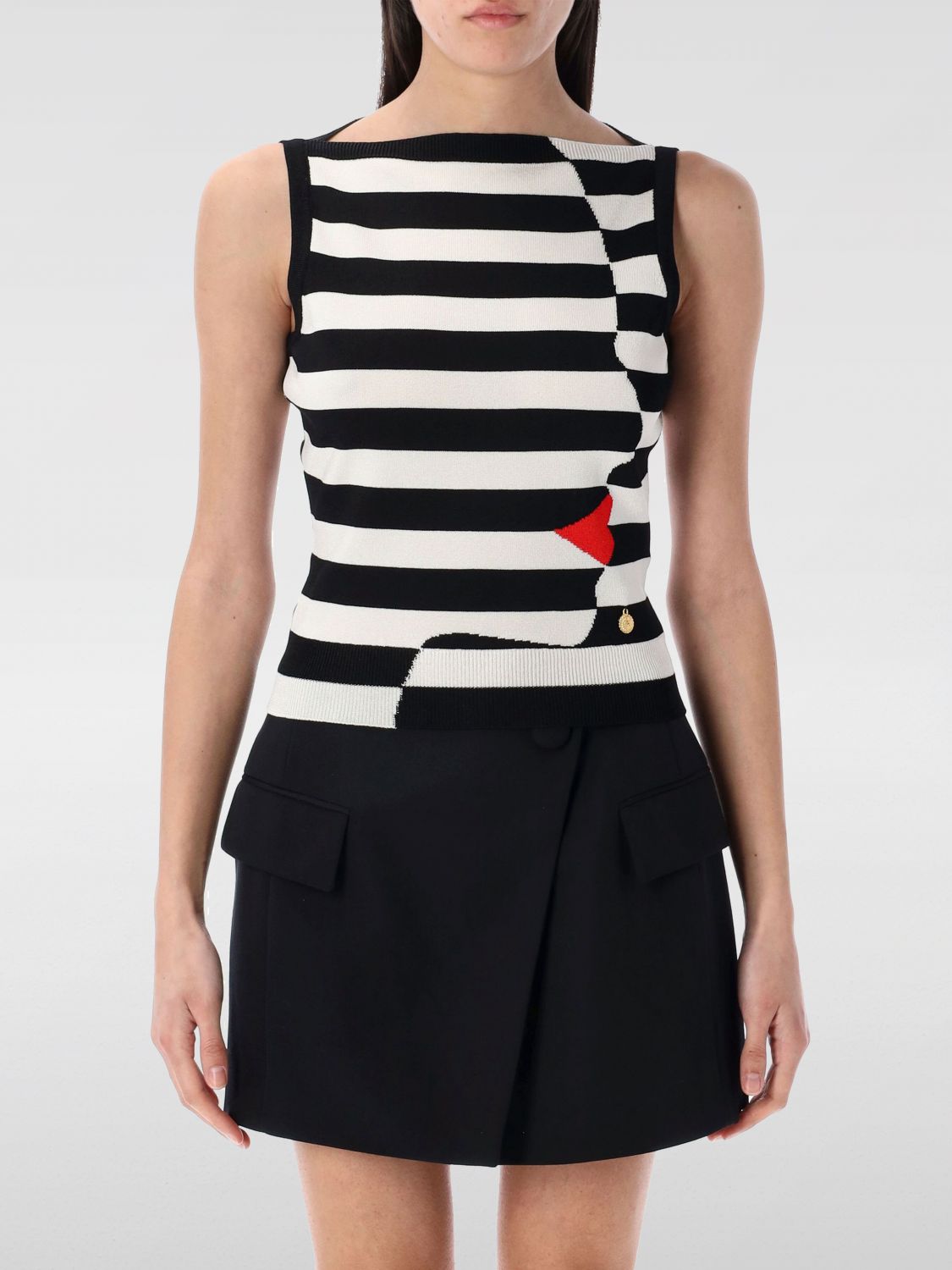 Balmain Boat-neck Face Mariniere Knit Tank Top In Black