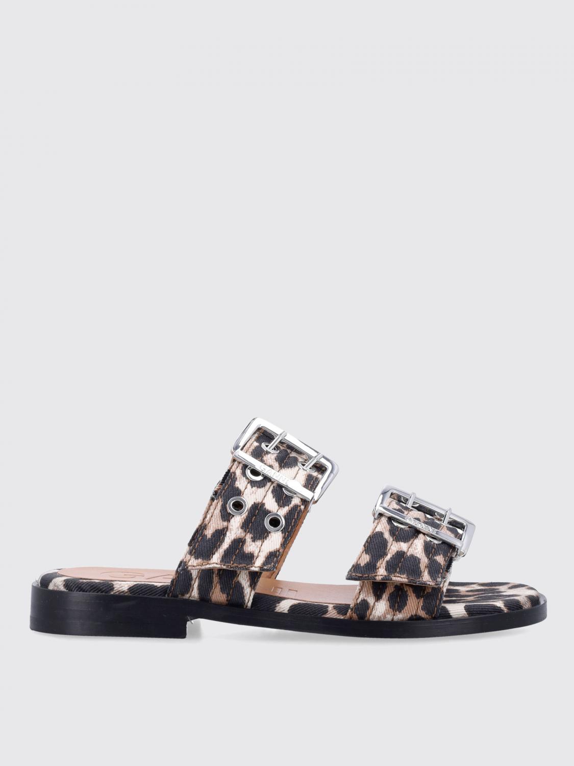 Ganni Leopard Print Buckle Slide Double Strap In Brown
