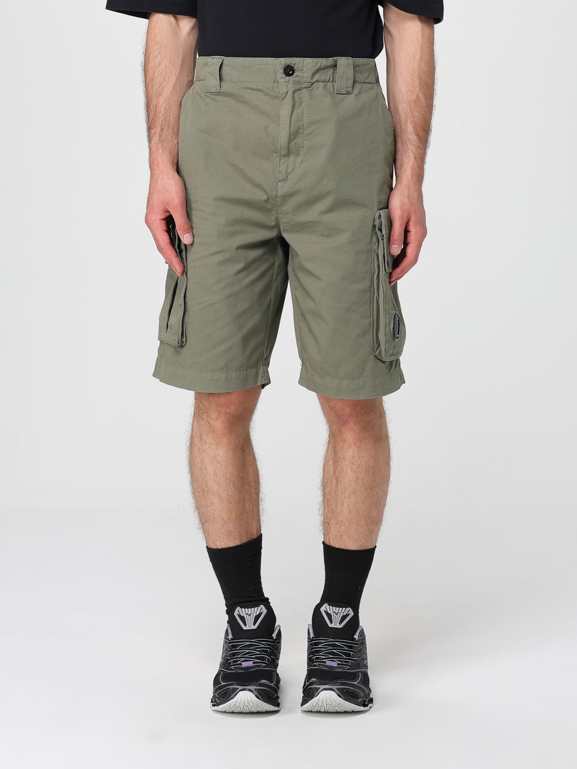 C.p. Company Green Bermuda Pants With Belt Loops And Two Maxi Patch Pockets On The Side In Cotton Man