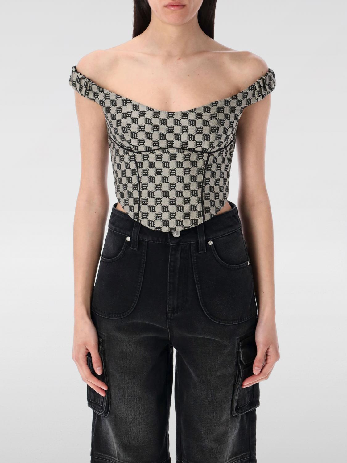 Misbhv Monogram Canvas Corset Top With Open Shoulders In Multicolor