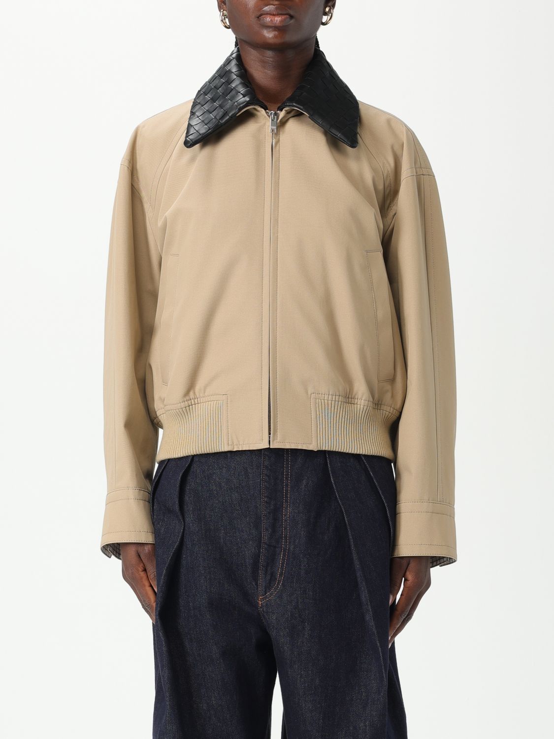 Bottega Veneta Beige Jacket With Removable Collar With Intrecciato Motif In Cotton Woman