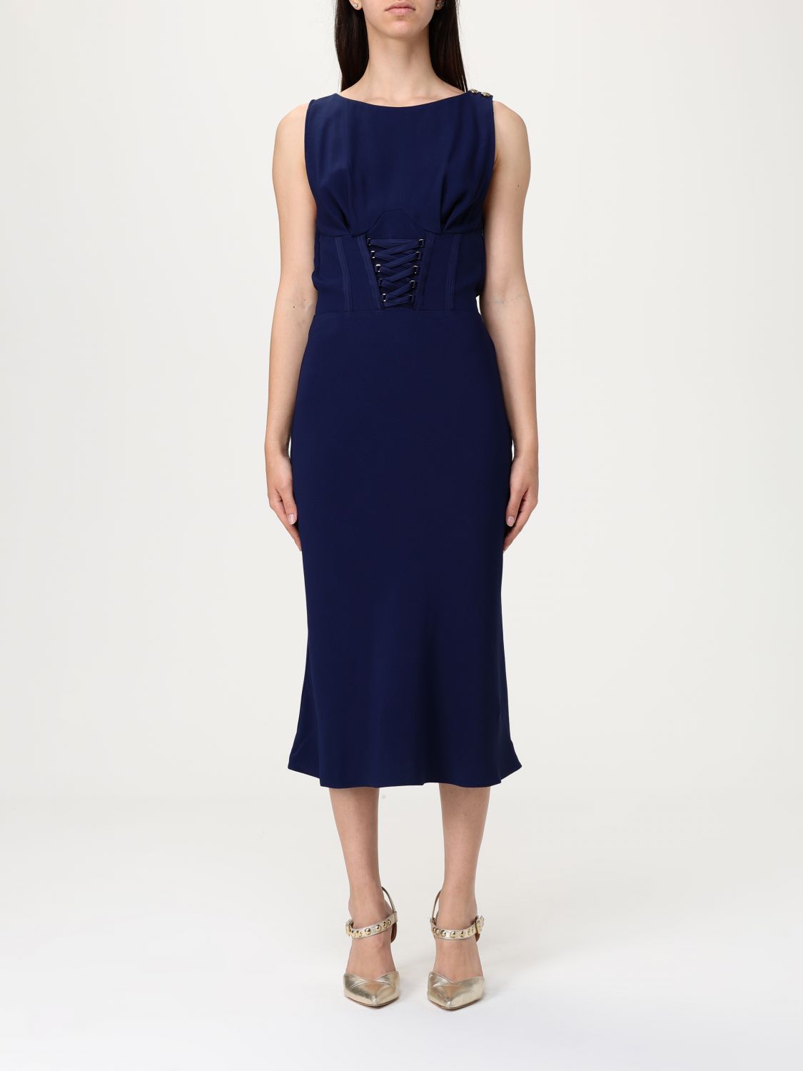Elisabetta Franchi Lace-up Detail Bustier Midi Dress In Blue