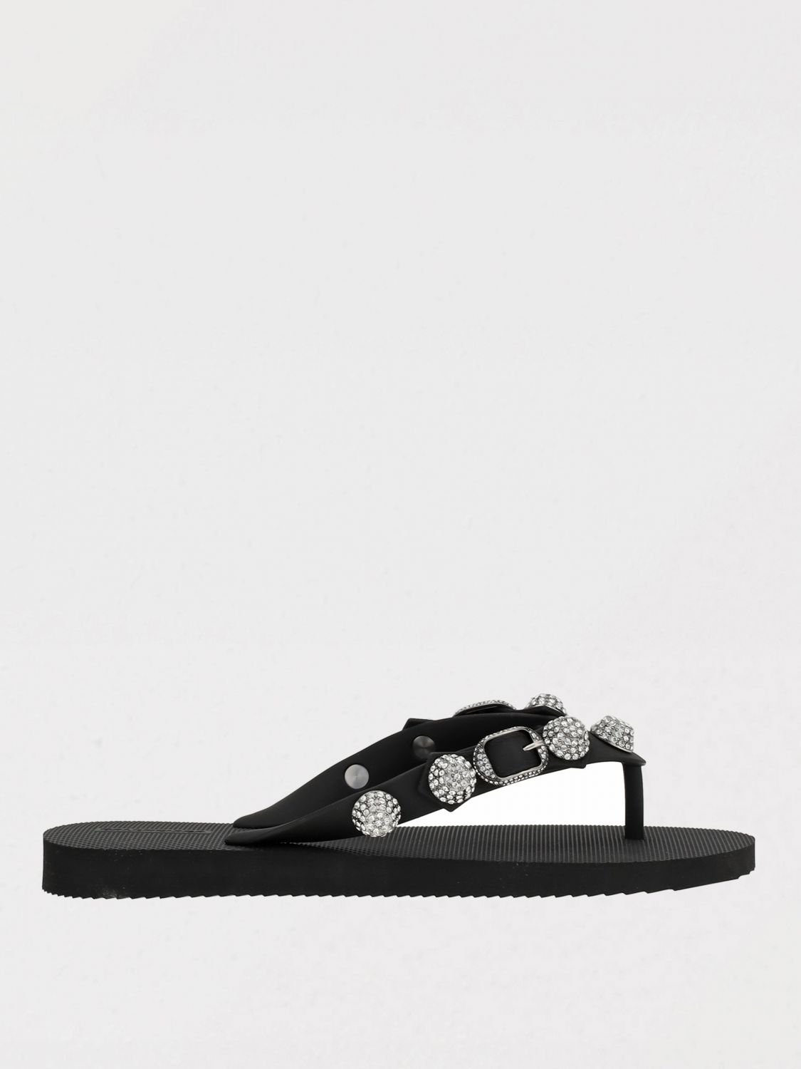 Balenciaga 'cagole' Black Rhinestoned Thong Sandals With Buckle On The Front In Tech Fabric Woman In Schwarz