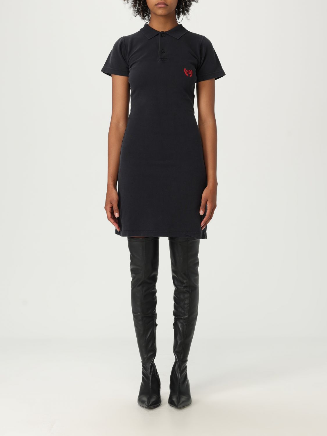 Balenciaga Black Mini Dress With Polo Shirt Style Collar And Logo Detail On The Front In Cotton Woma In Black