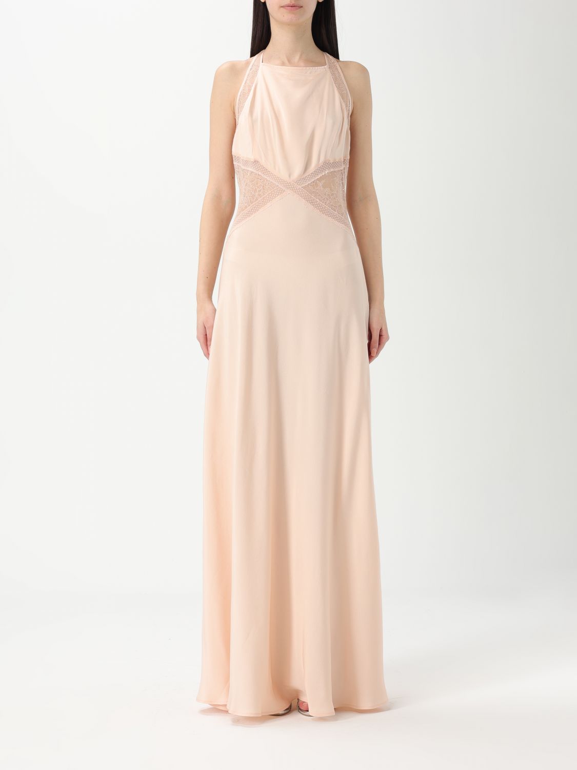 Twinset Flared Beige Long Dress With Lace In Beige