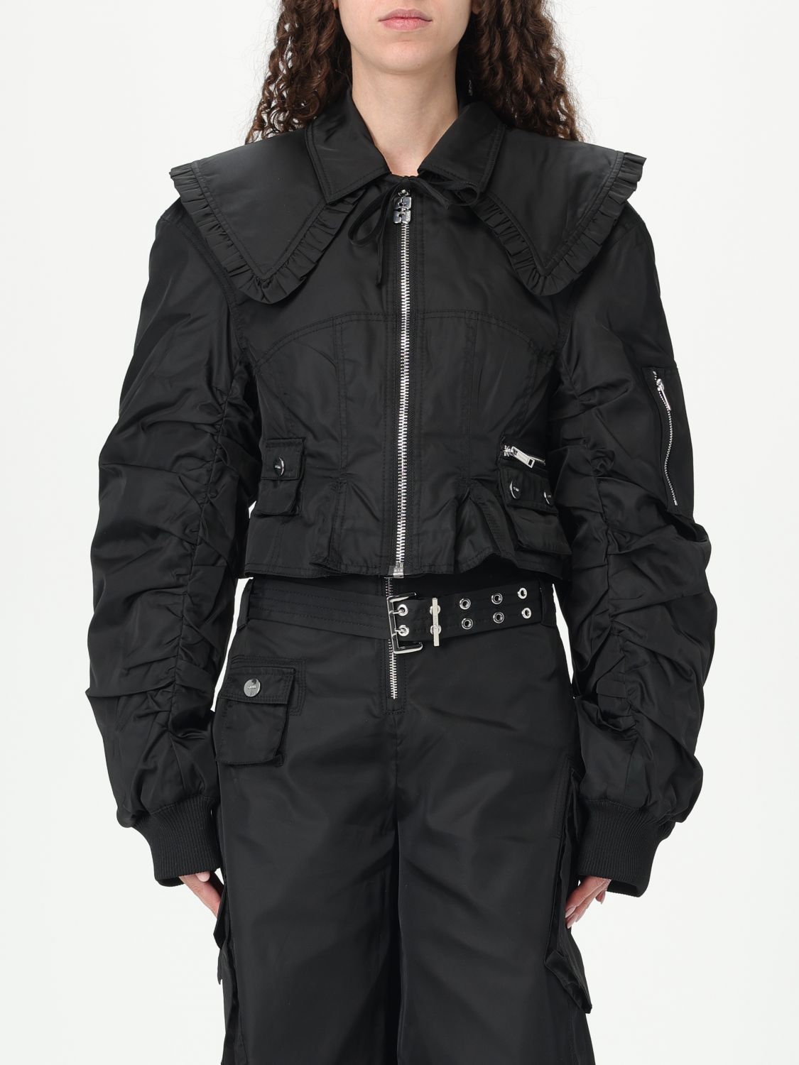 Ganni Duchesse Nylon Fitted Jacket In Black