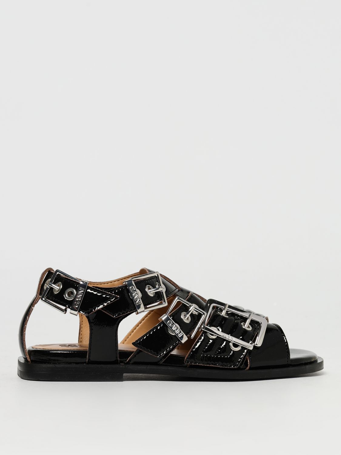 Ganni Buckle Sandals With Flat Sole And Metal Eyelets In Black
