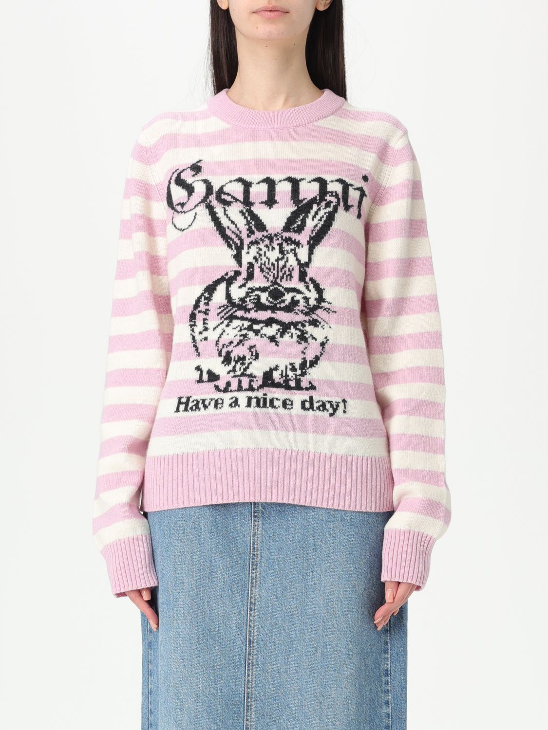 Ganni Striped Sweater With Rabbit In Pink